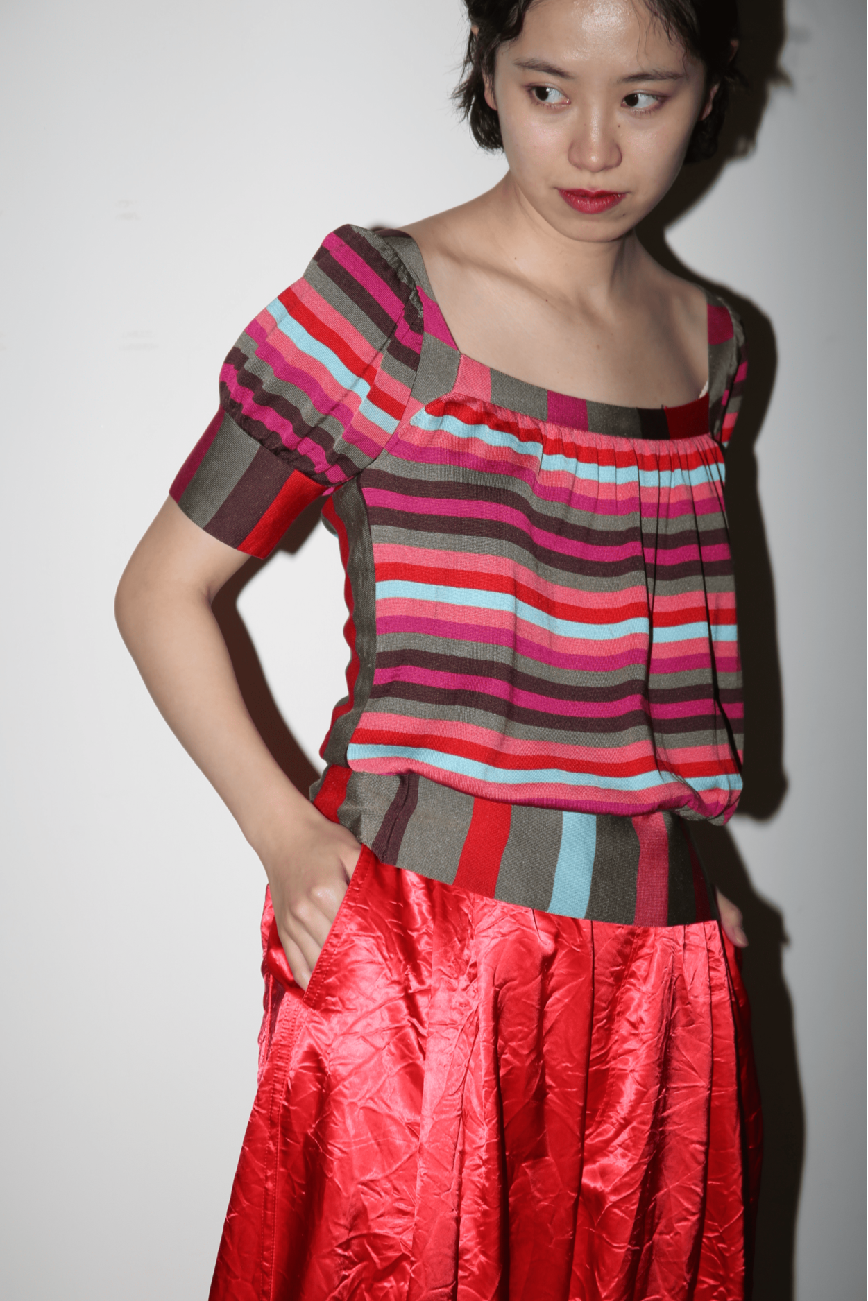 1990 CACHAREL / SQUARE NECK STRIPE SUMMER KNIT TOP IN SILK