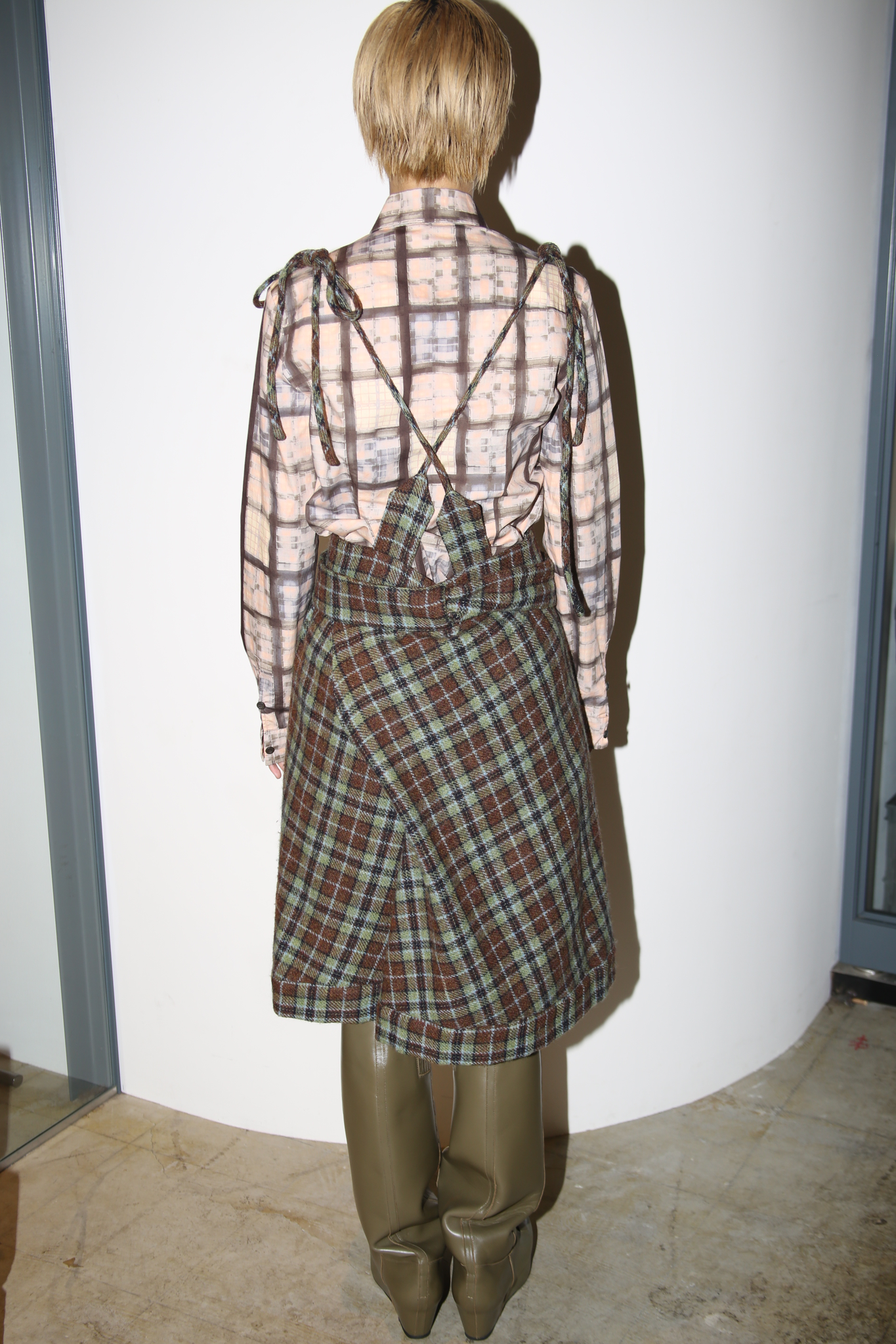 1990 MARNI / WOOL PLAID JUMP SKIRT WITH STRAP