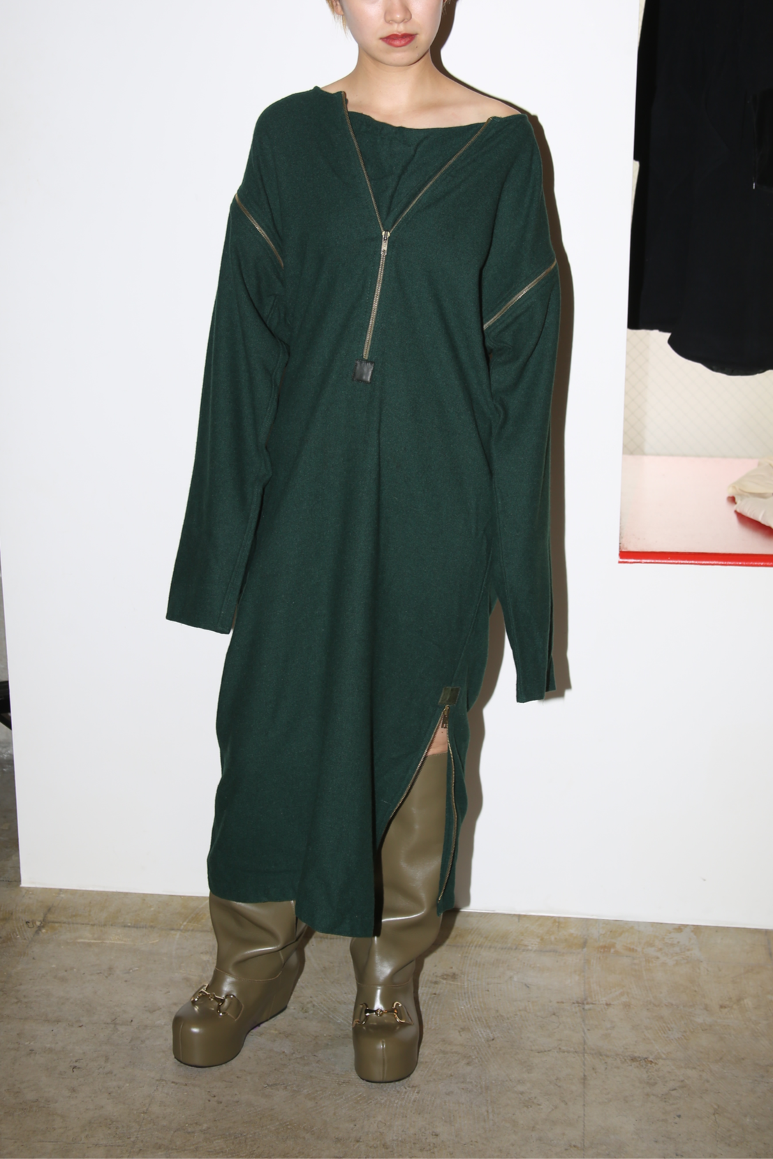 1980 JC DE CASTELBAJAC / GREEN WOOL DRESS WITH 2WAY SLEEVE