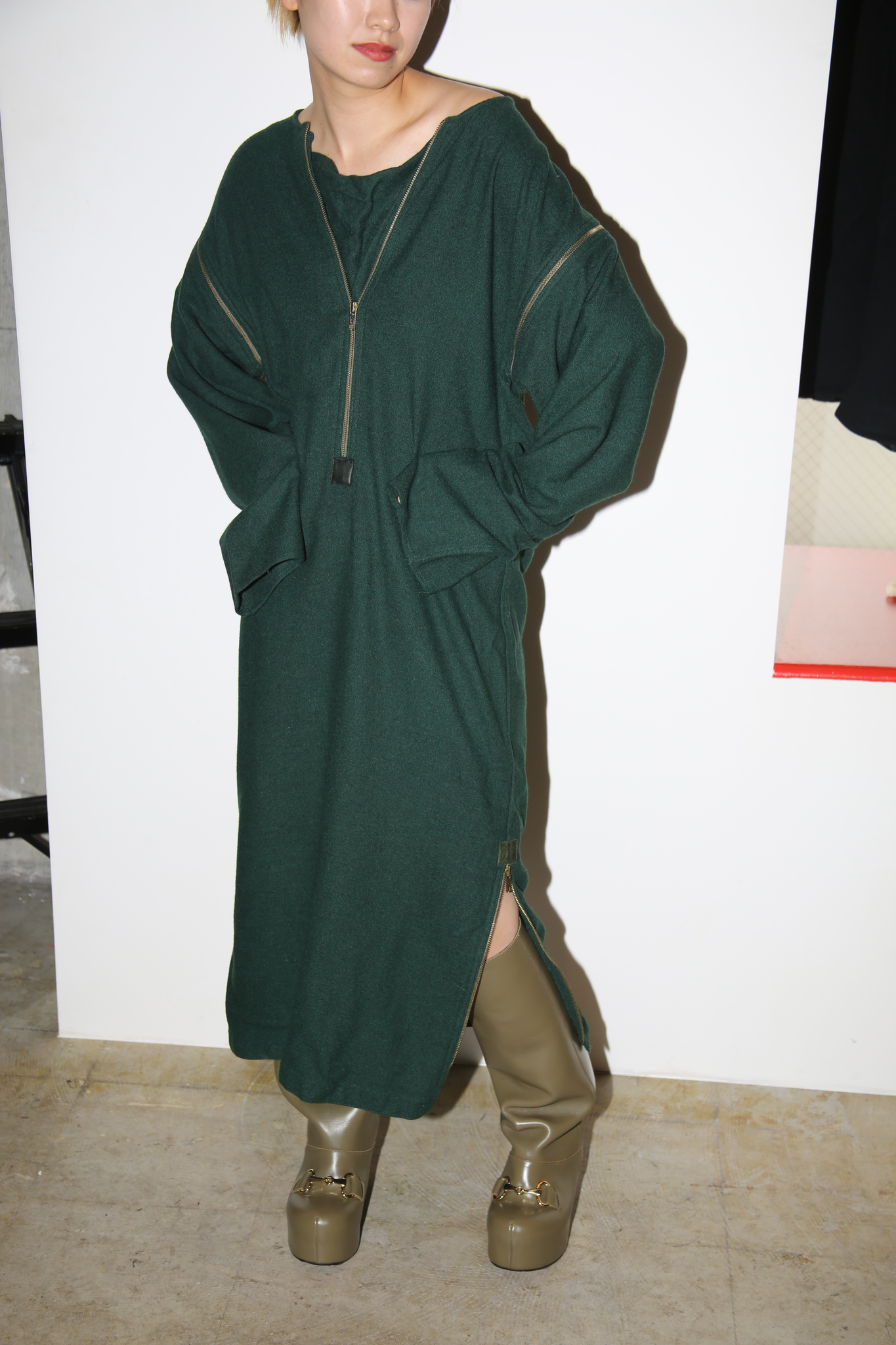 1980 JC DE CASTELBAJAC / GREEN WOOL DRESS WITH 2WAY SLEEVE