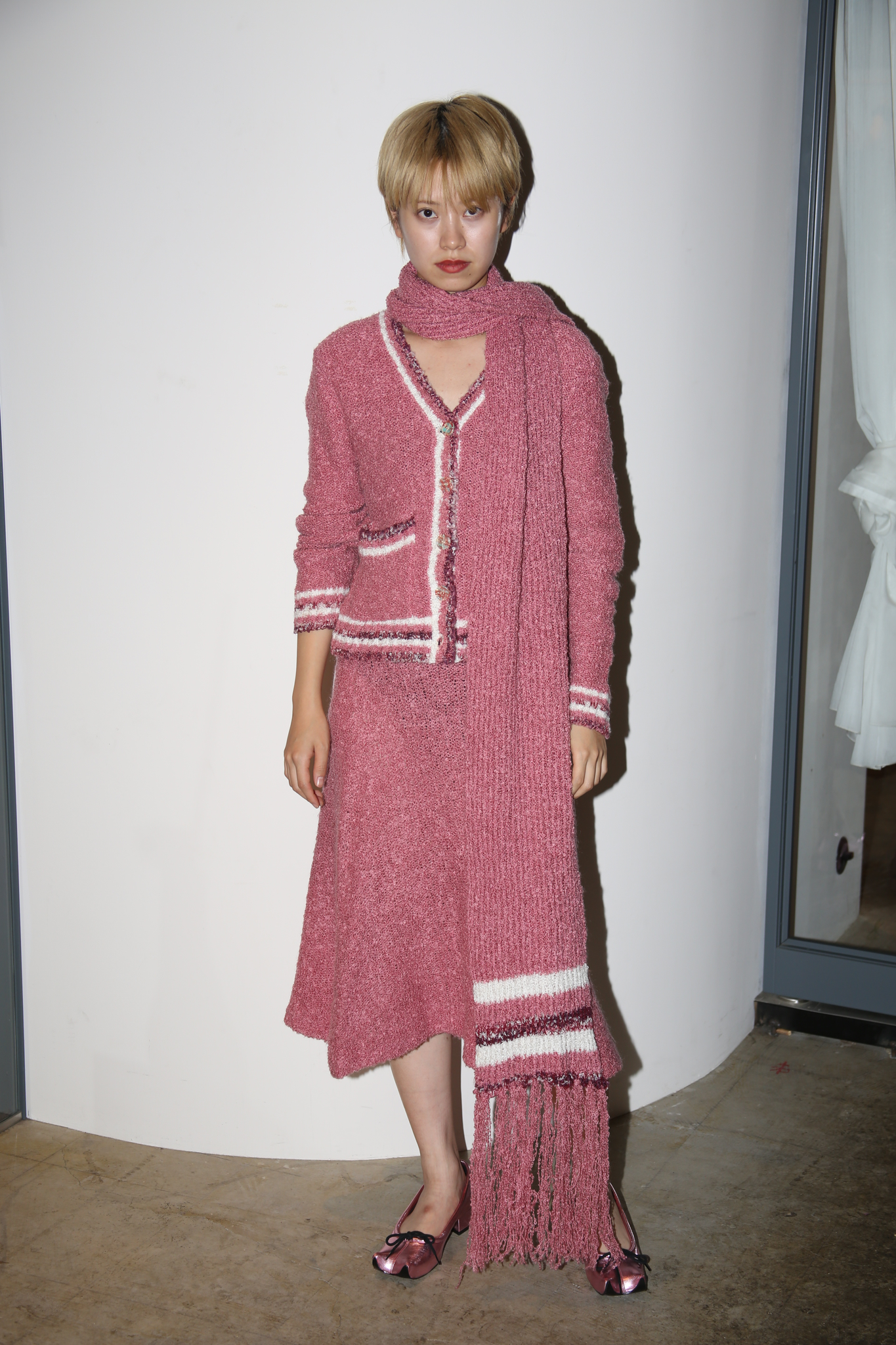 1970 VINTAGE / POODLE KNIT CARDIGAN, SKIRT, SUPER LONG MUFFLER SET