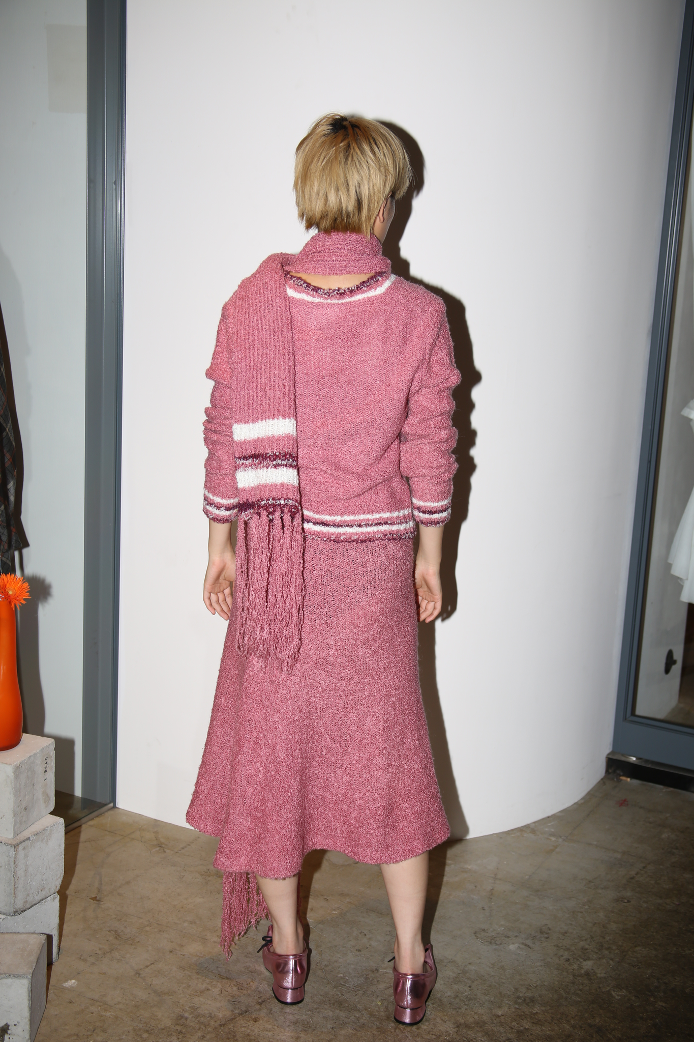 1970 VINTAGE / POODLE KNIT CARDIGAN, SKIRT, SUPER LONG MUFFLER SET