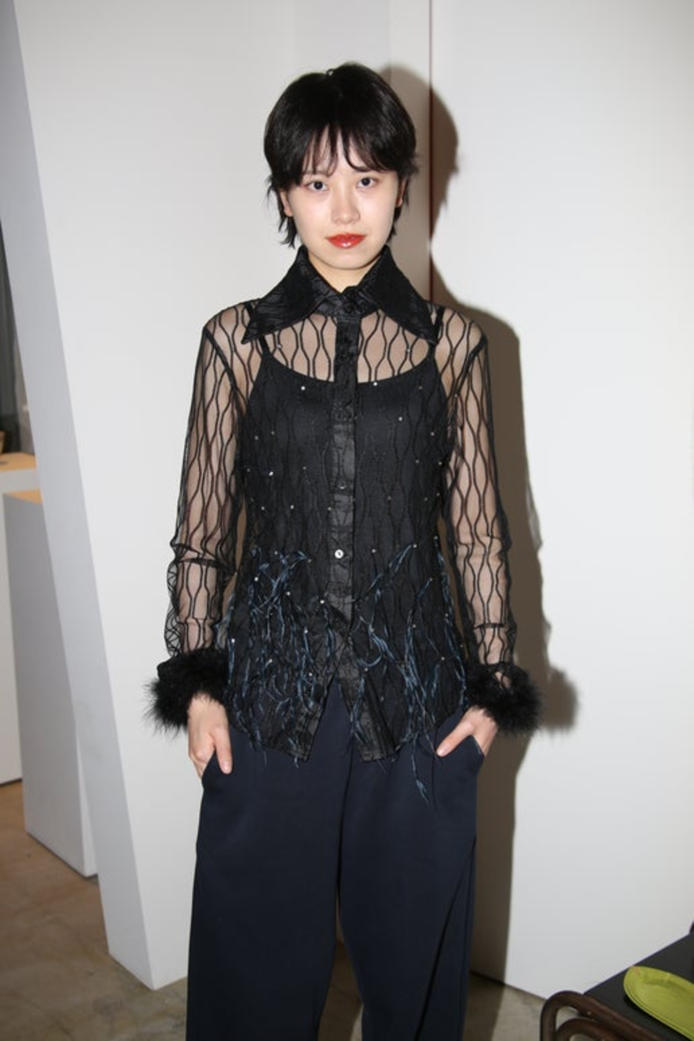 1990 VINTAGE / SHEER MESH SHIRT WITH FEATHER
