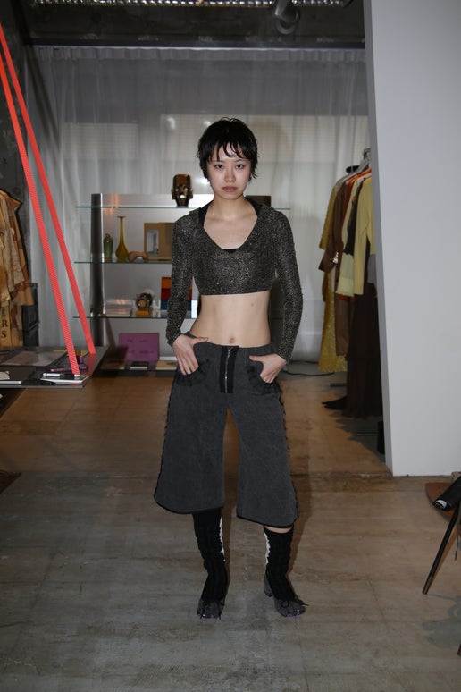 2000 BRIAN LIGHTENBERG / GLITTER JERSEY BRA TOP WITH HOODIE