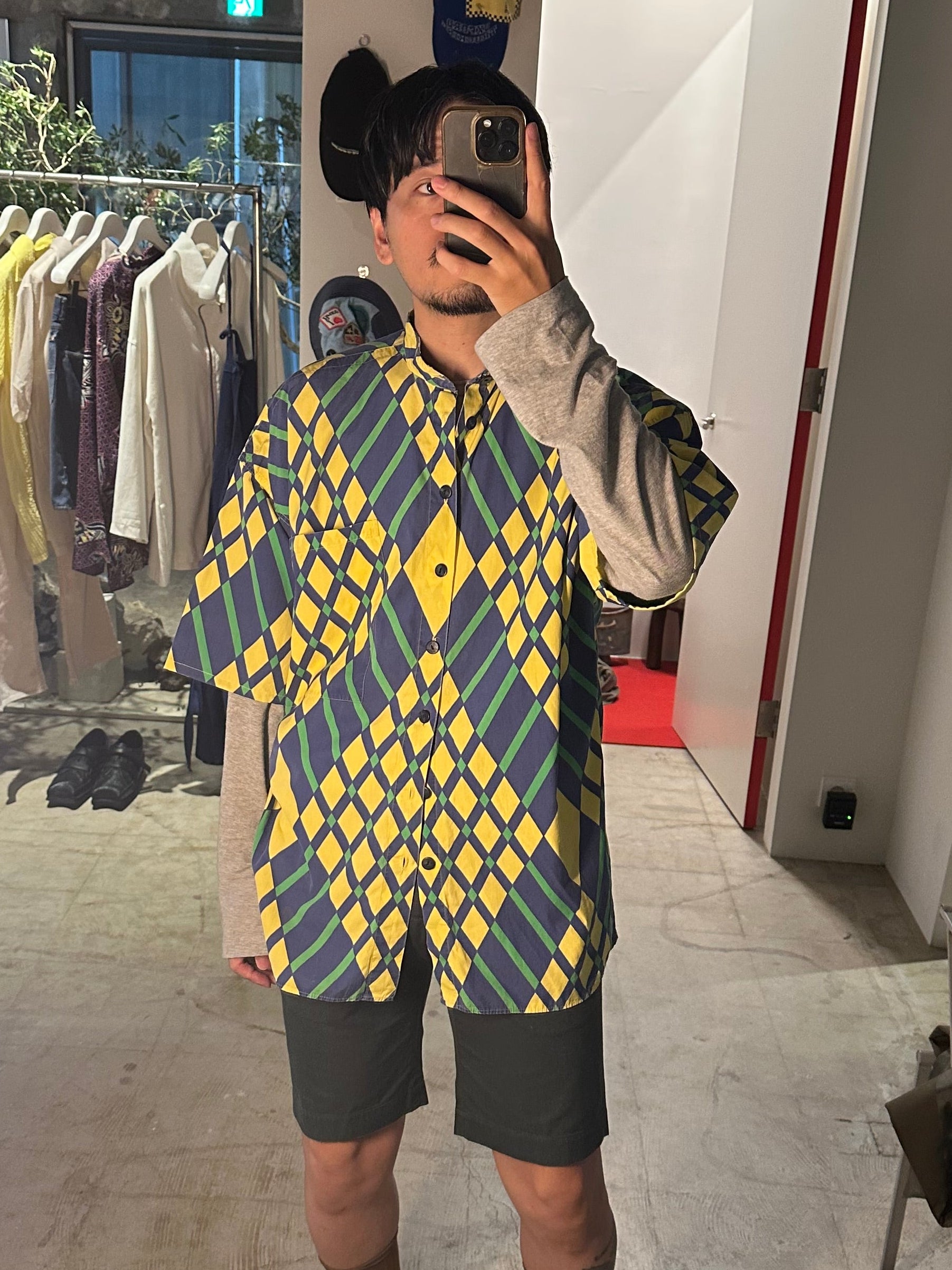 1990 VERSACE JEANS COUTURE  / STAND COLLAR HALF SLEEVE SHIRT WITH BIAS CHECK PRINT