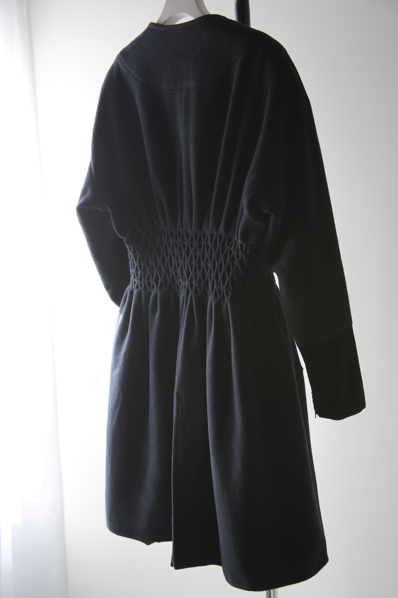 1988 CHRISTIAN LACROIX / SMOCKING EMBROIDERY SHAPED CASHMERE WOOL COAT IN BLACK