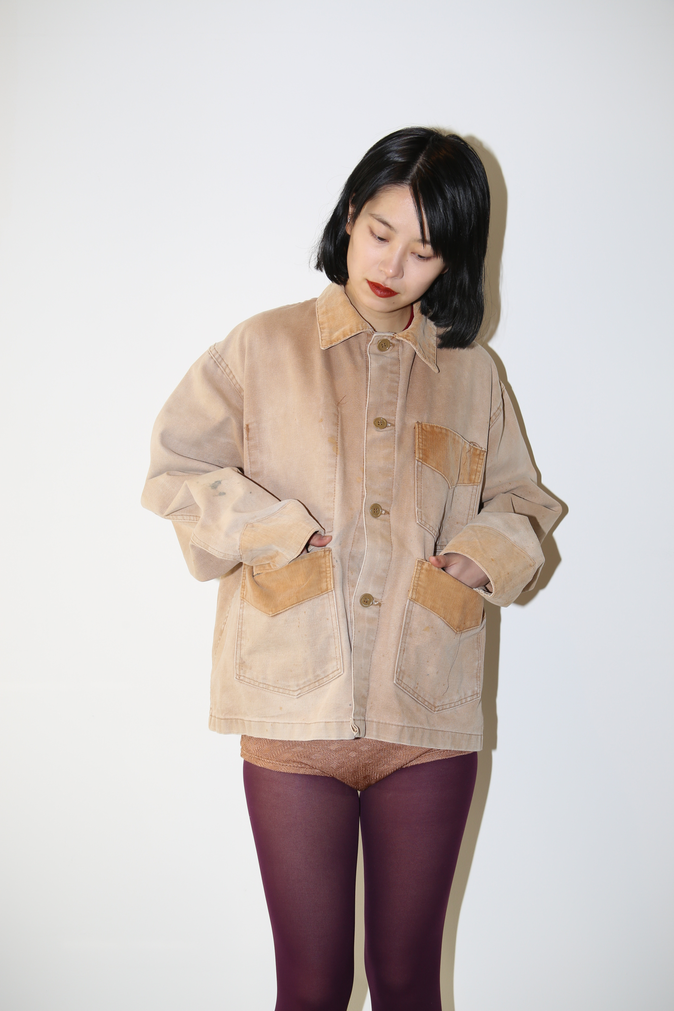 1970 VINTAGE / FADED CANVAS DUCK WORK JACKET WITH CORDUROY COLLAR