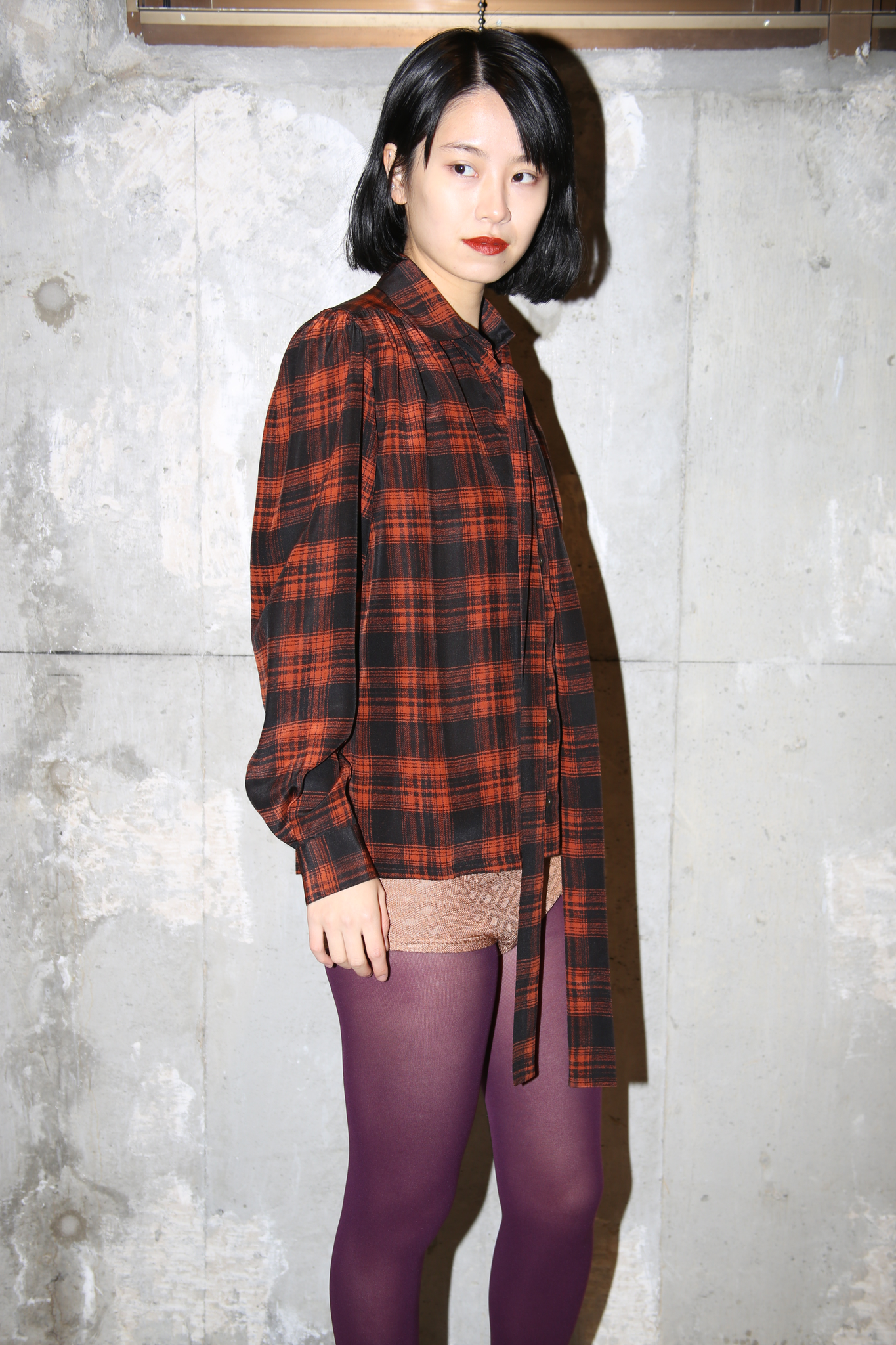 1970 YVESSAINTLAURENT / SILK PLAID BLOUSE WITH BOW TIE