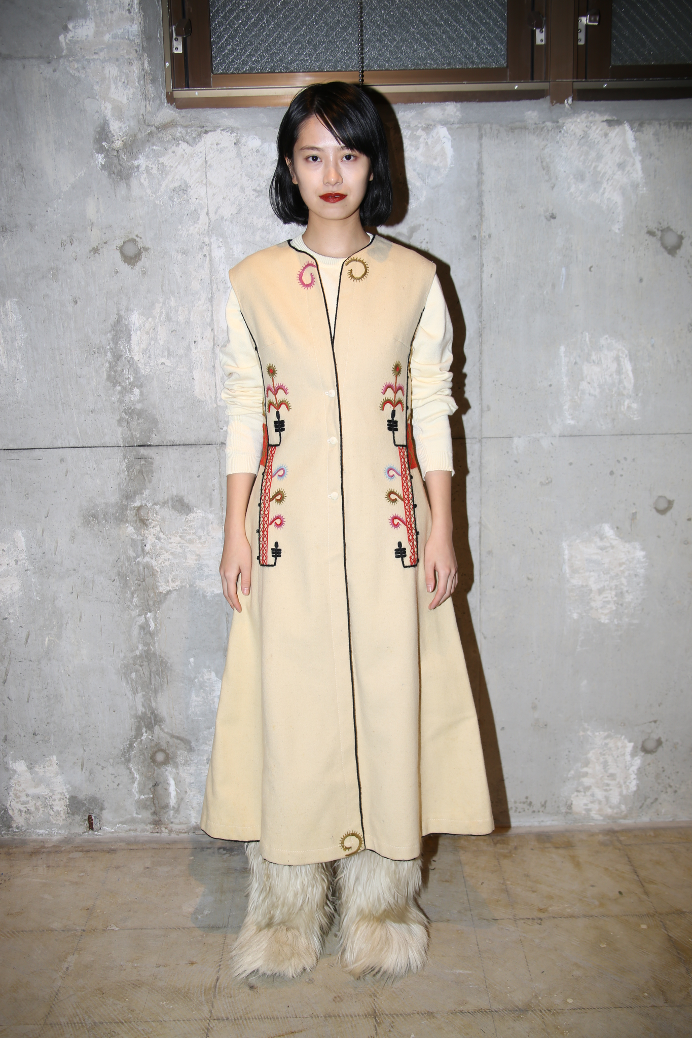 1940 VINTAGE / BLANKET WOOL WAISTCOAT DRESS WITH EMBROIDERY