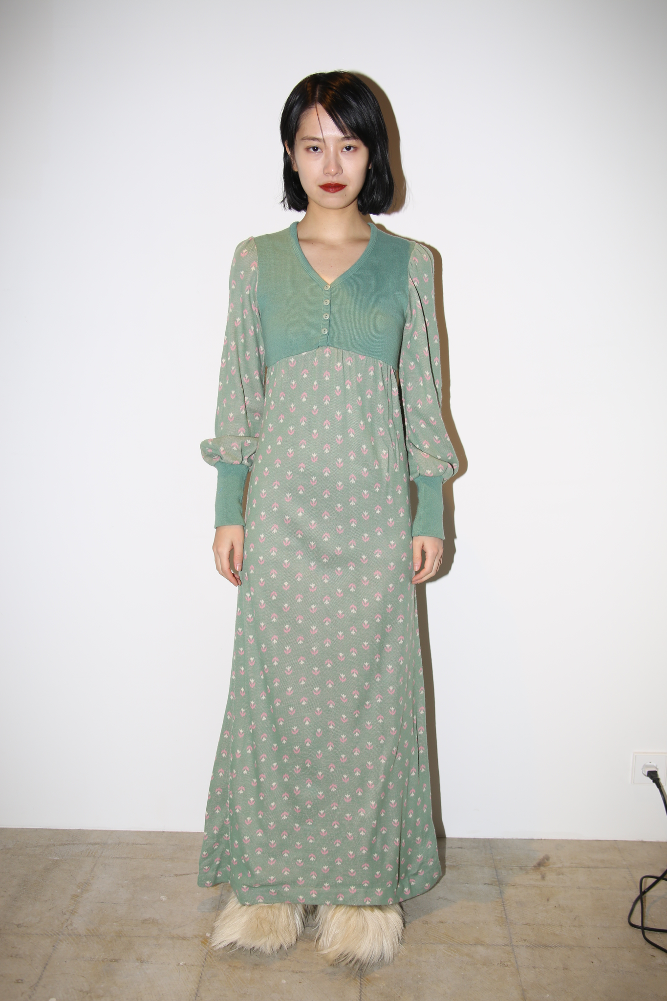 1970 VINTAGE / COTTON KNIT HIGH WAIST DRESS IN MINT GREEN