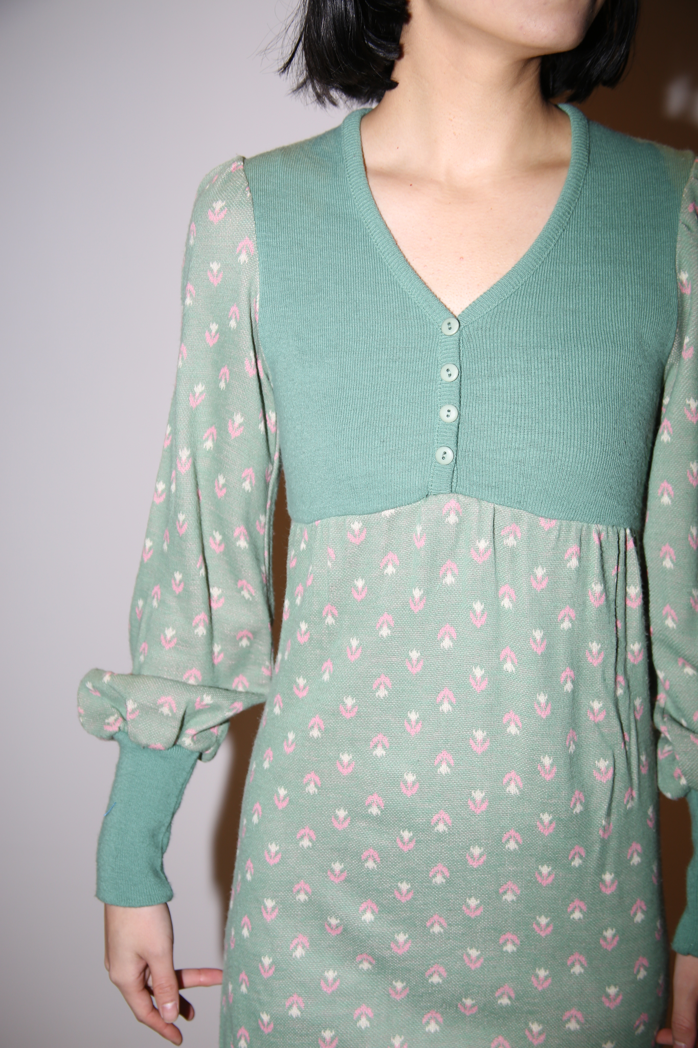 1970 VINTAGE / COTTON KNIT HIGH WAIST DRESS IN MINT GREEN