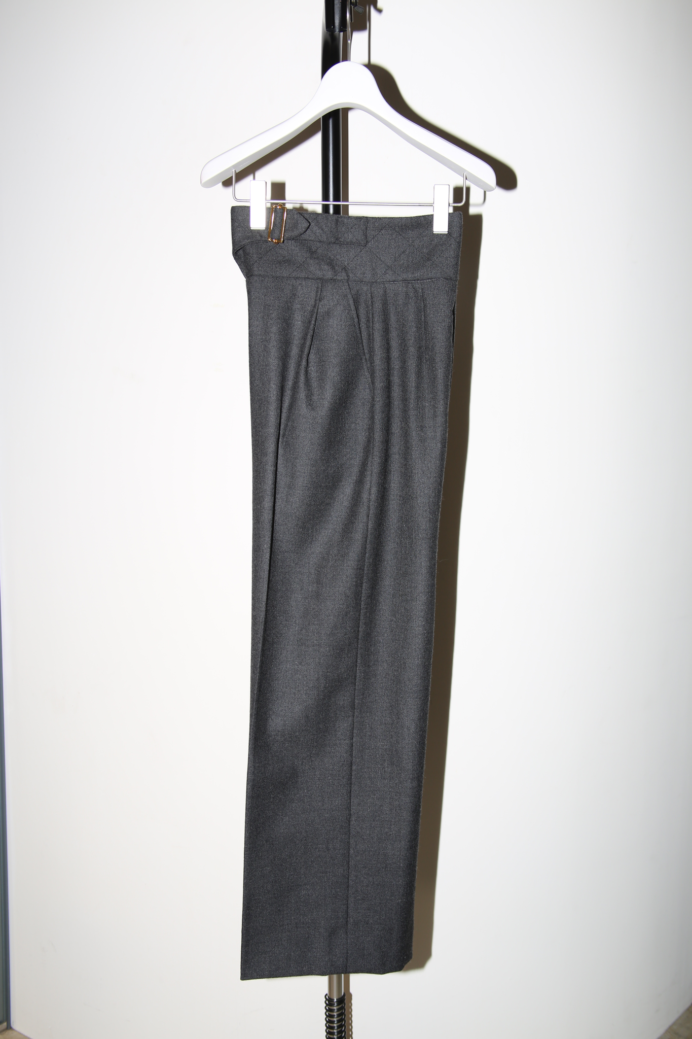1990 CHANEL / HIGH-WAIST BELTED WOOL BAGGY TROUSER IN GREY