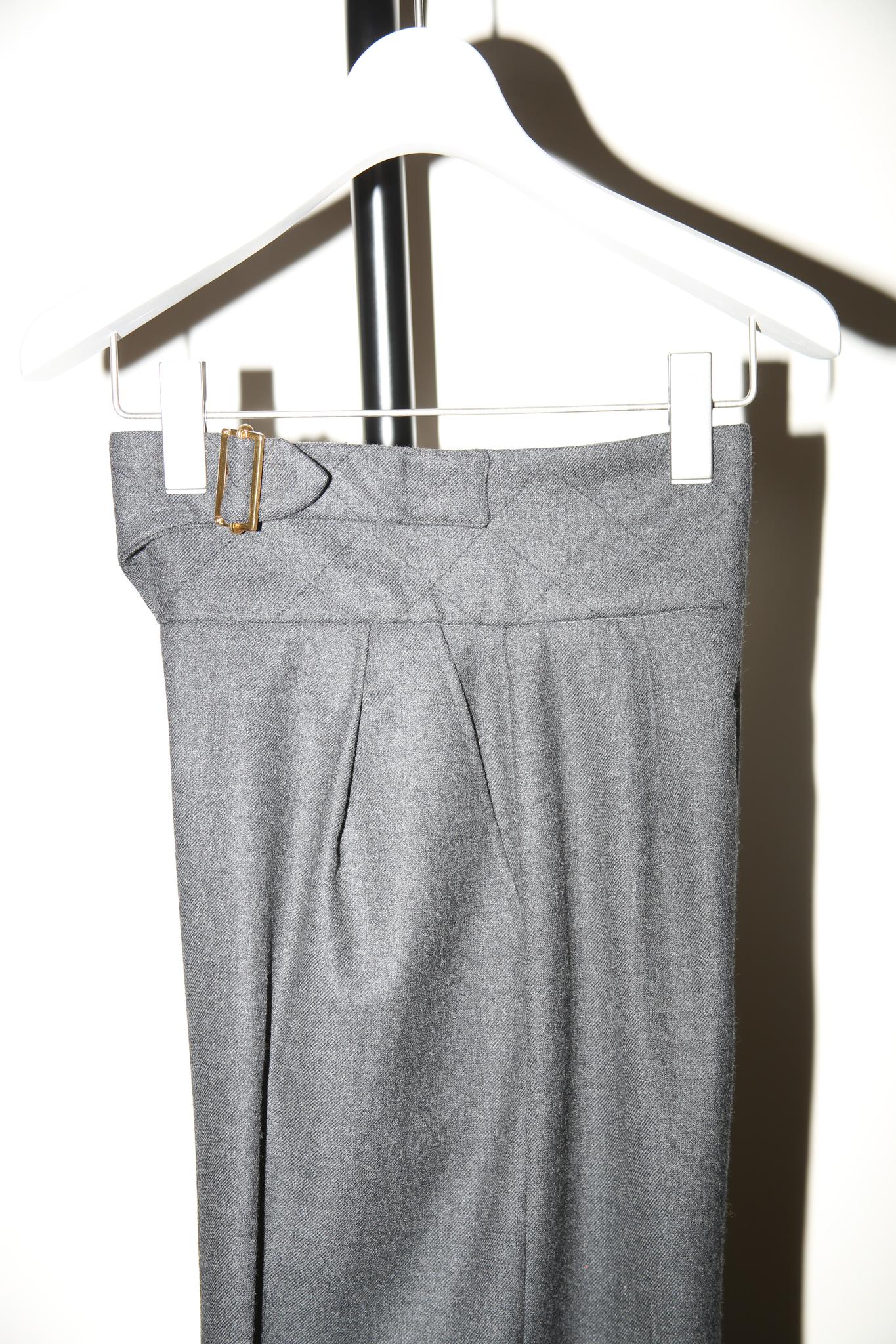 1990 CHANEL / HIGH-WAIST BELTED WOOL BAGGY TROUSER IN GREY