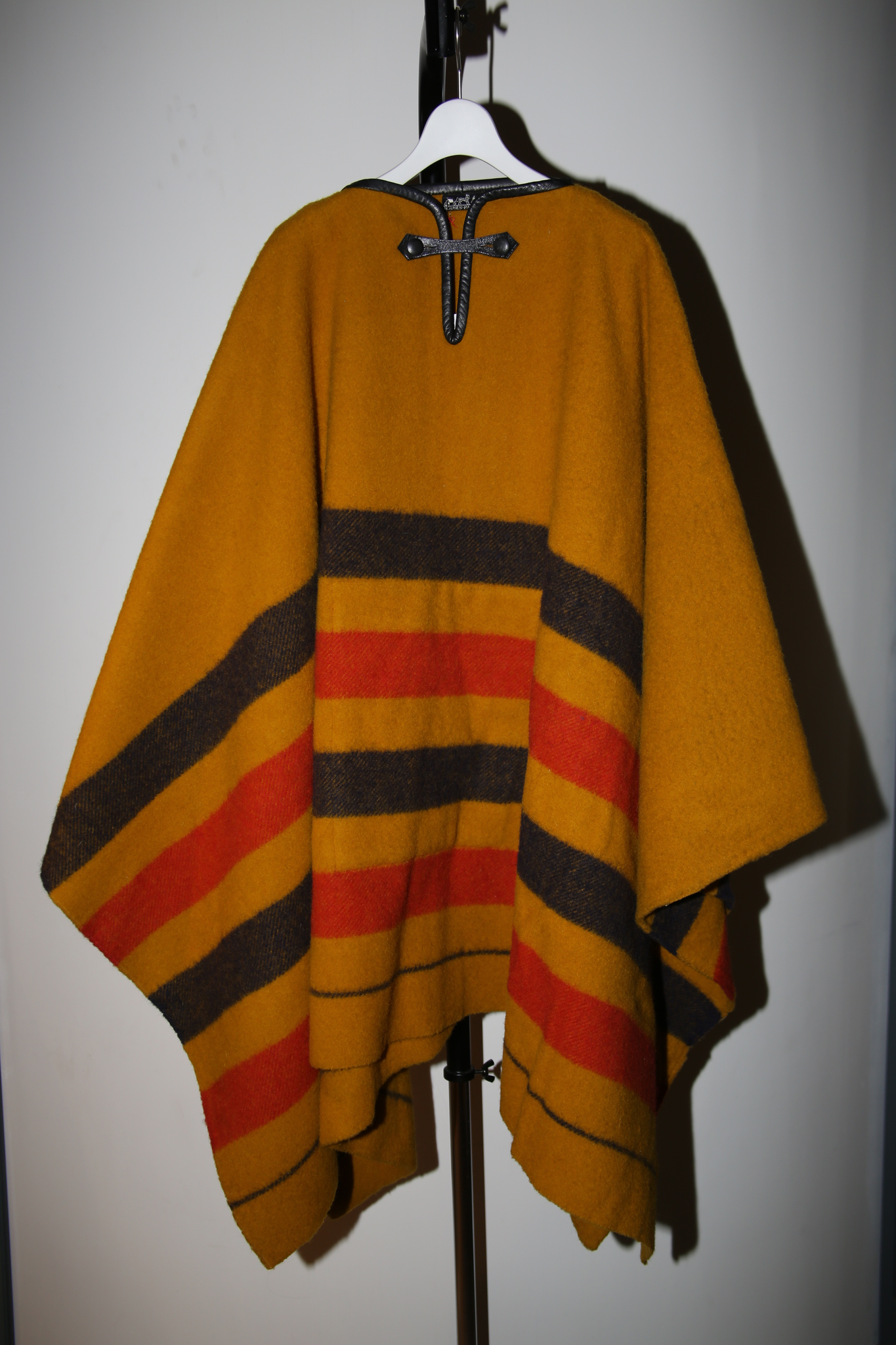 1970 HERMES / RACABAR BLANKET PONCHO WITH LEATHER TRIM