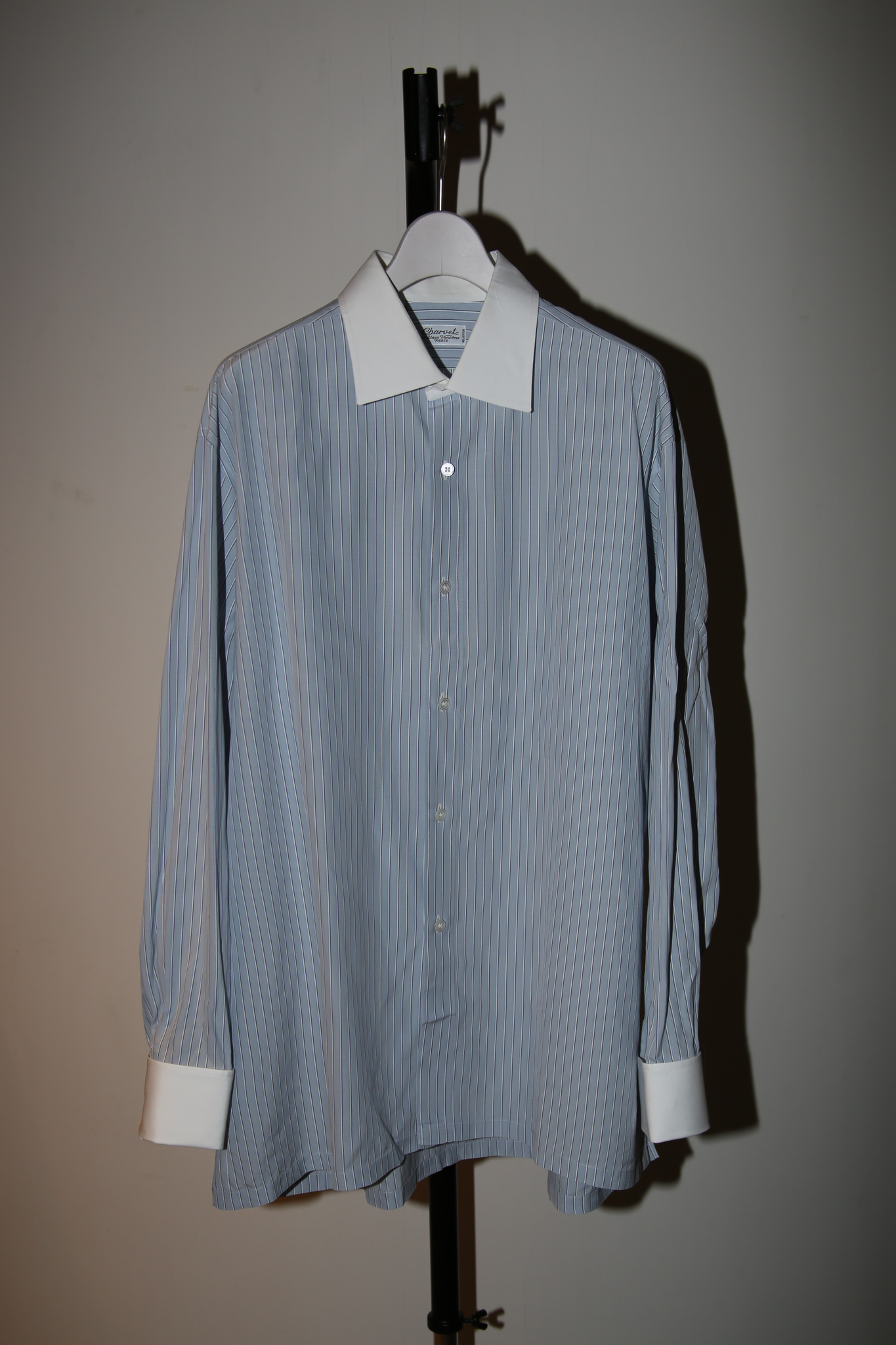 1990 CHARVET / COTTON CLERIC DRESS SHIRT IN GREY STRIPE