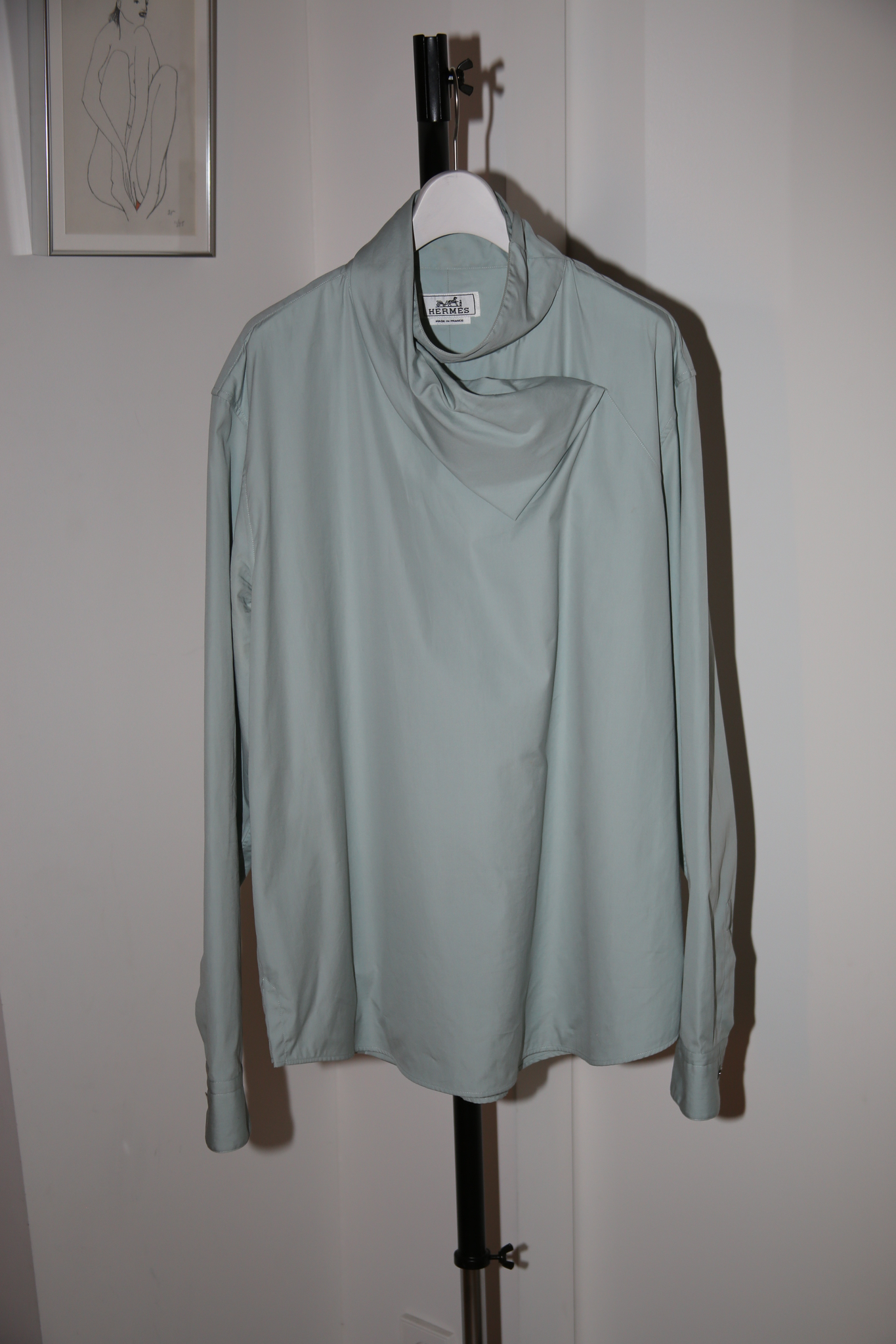 2010 HERMES / SCARF NECK COTTON PULLOVER SHIRT IN ICE BLUE GREY