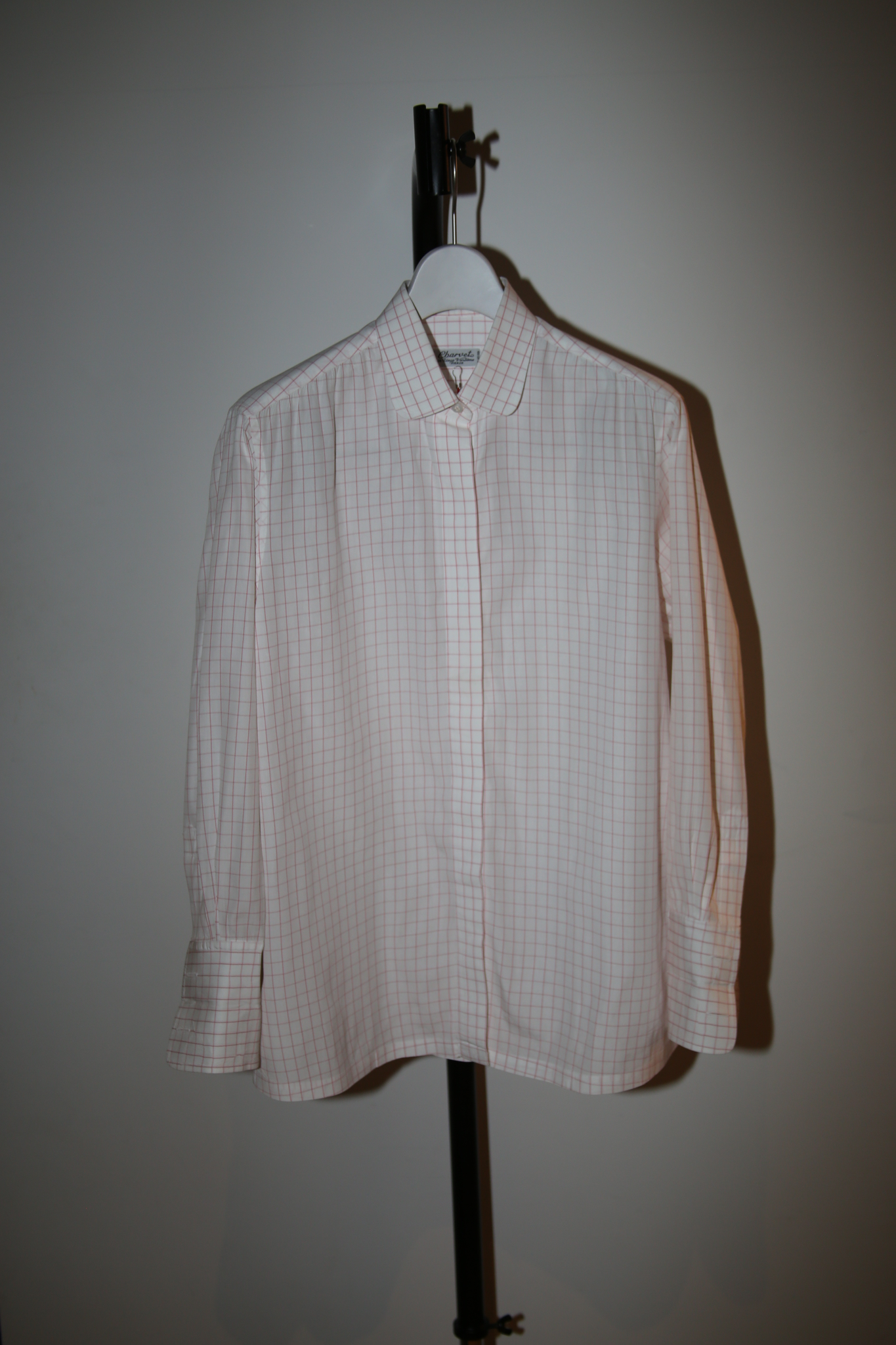 1990 CHARVET / FLY FRONT COTTON ROUND COLLAR DRESS SHIRT WITH GRAPH CHECK