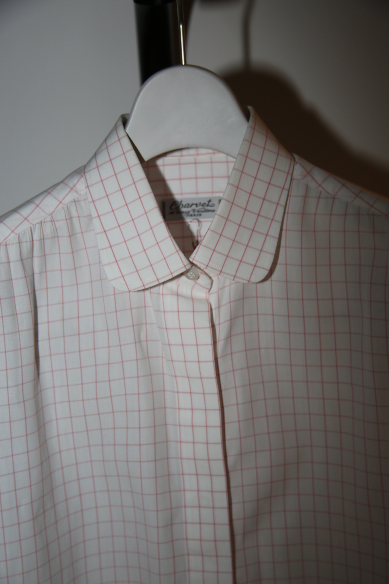 1990 CHARVET / FLY FRONT COTTON ROUND COLLAR DRESS SHIRT WITH GRAPH CHECK