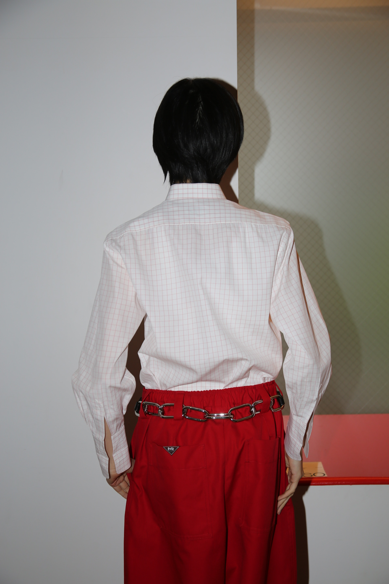 1990 CHARVET / FLY FRONT COTTON ROUND COLLAR DRESS SHIRT WITH GRAPH CHECK