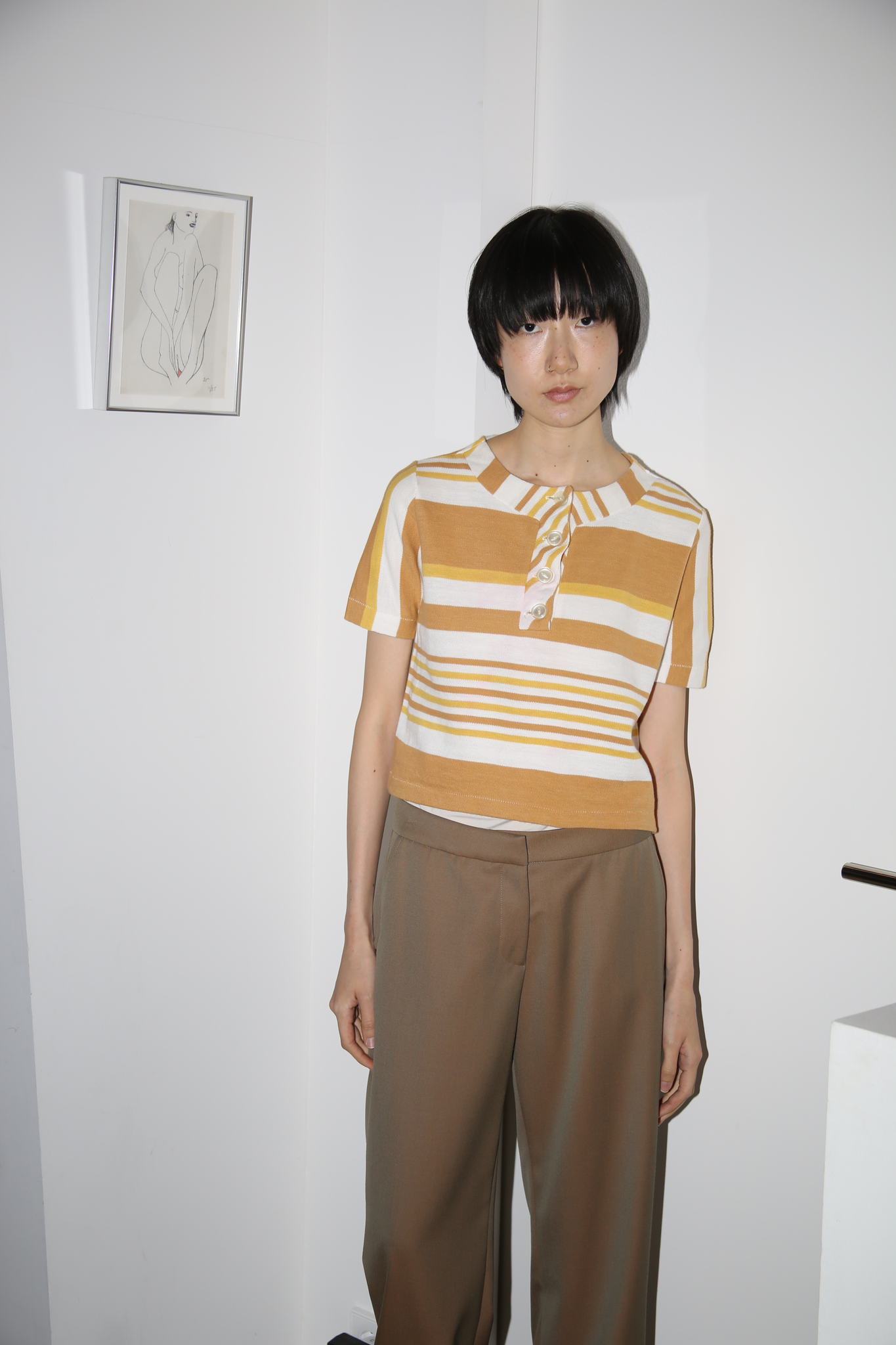 1970 VINTAGE / CROPPED BORDER T-SHIRT WITH HENRY NECK