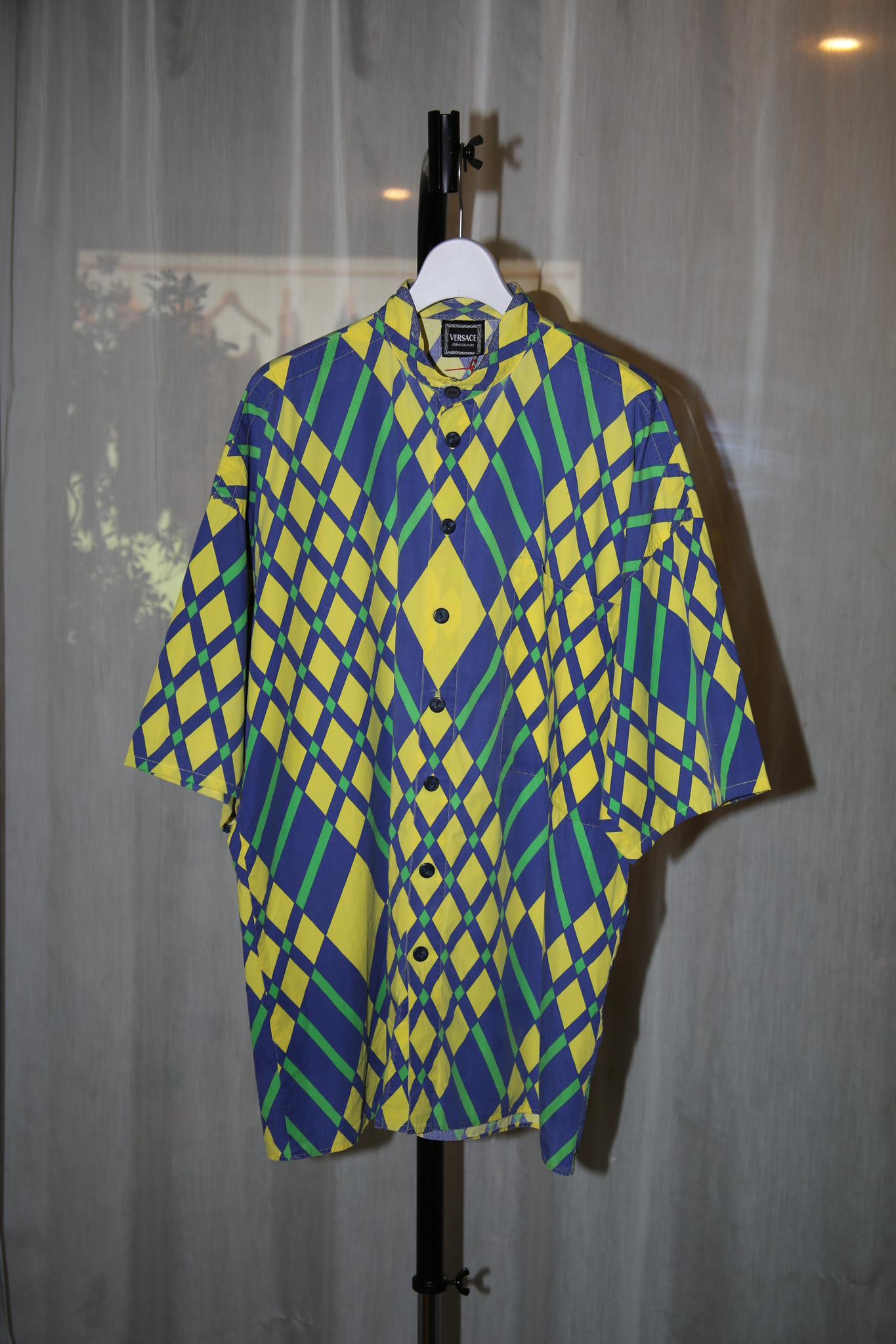 1990 VERSACE JEANS COUTURE  / STAND COLLAR HALF SLEEVE SHIRT WITH BIAS CHECK PRINT