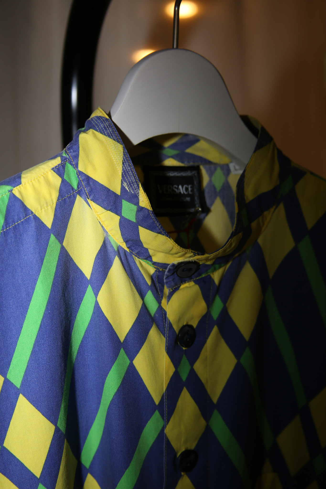 1990 VERSACE JEANS COUTURE  / STAND COLLAR HALF SLEEVE SHIRT WITH BIAS CHECK PRINT