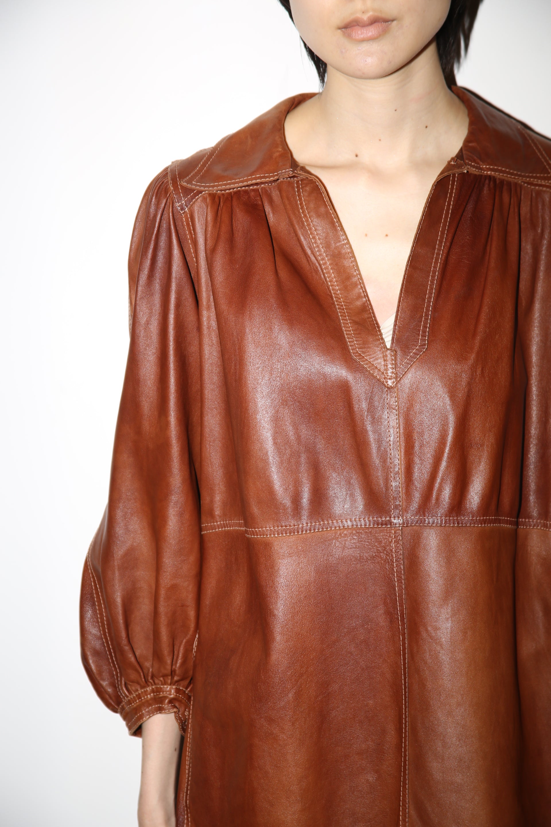 1970 JEAN MUIR / LEATHER DRESS IN BROWN
