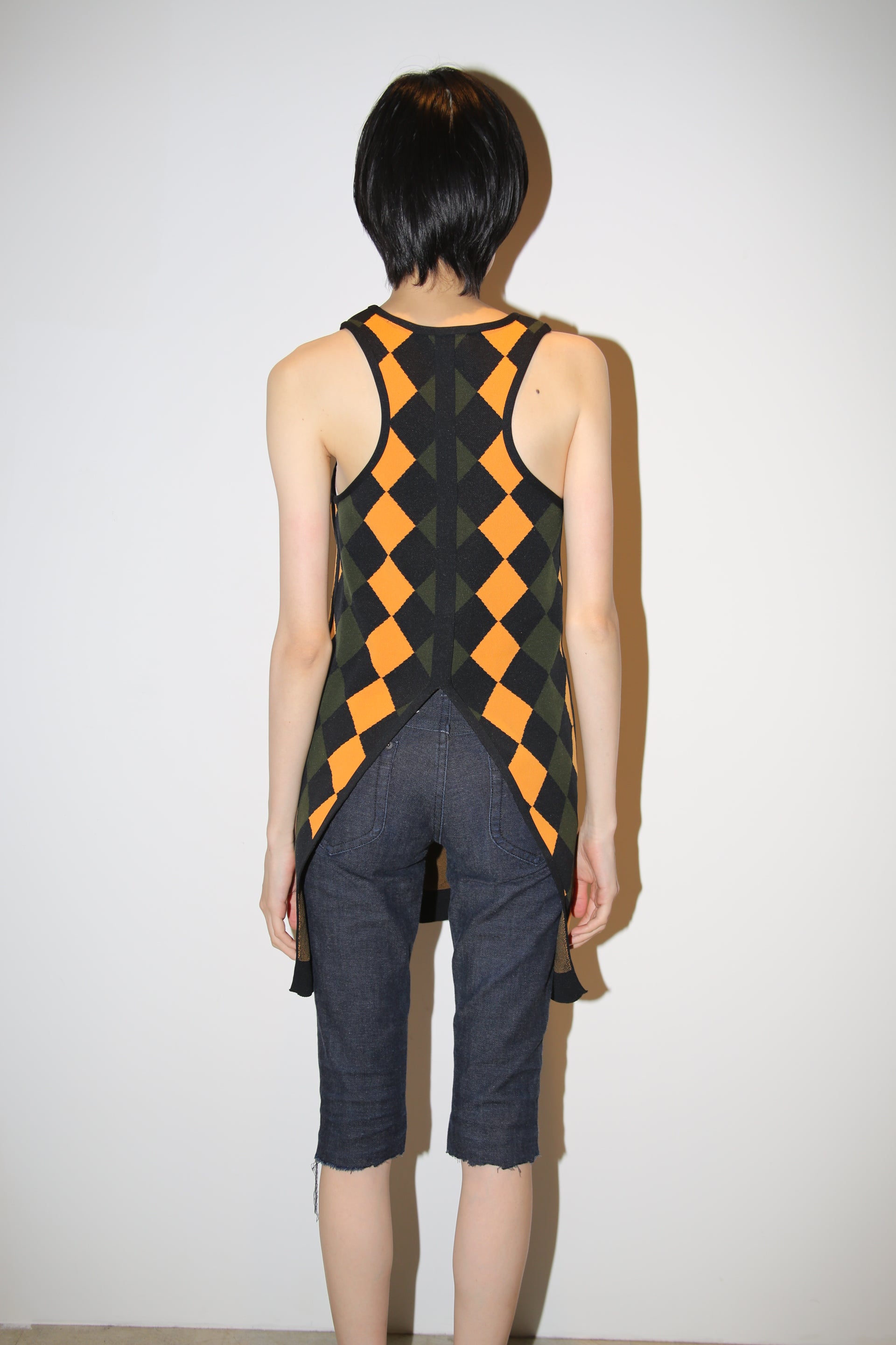 2014 CELINE / ARGYLE SUMMER KNIT TOP WITH BACK SLIT