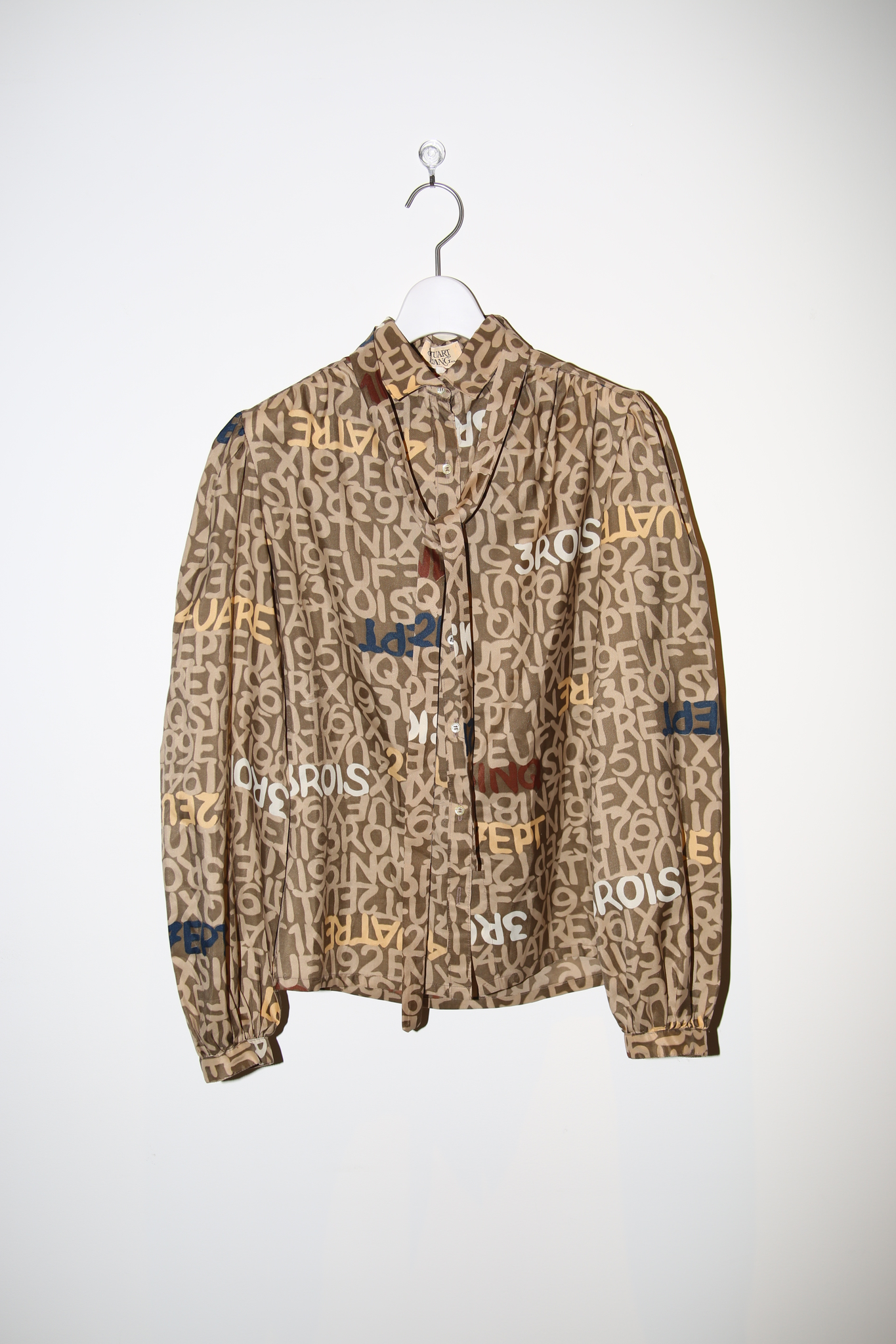 1980 VINTAGE / NARROW TIE SATIN BLOUSE WITH ALL OVER PRINT