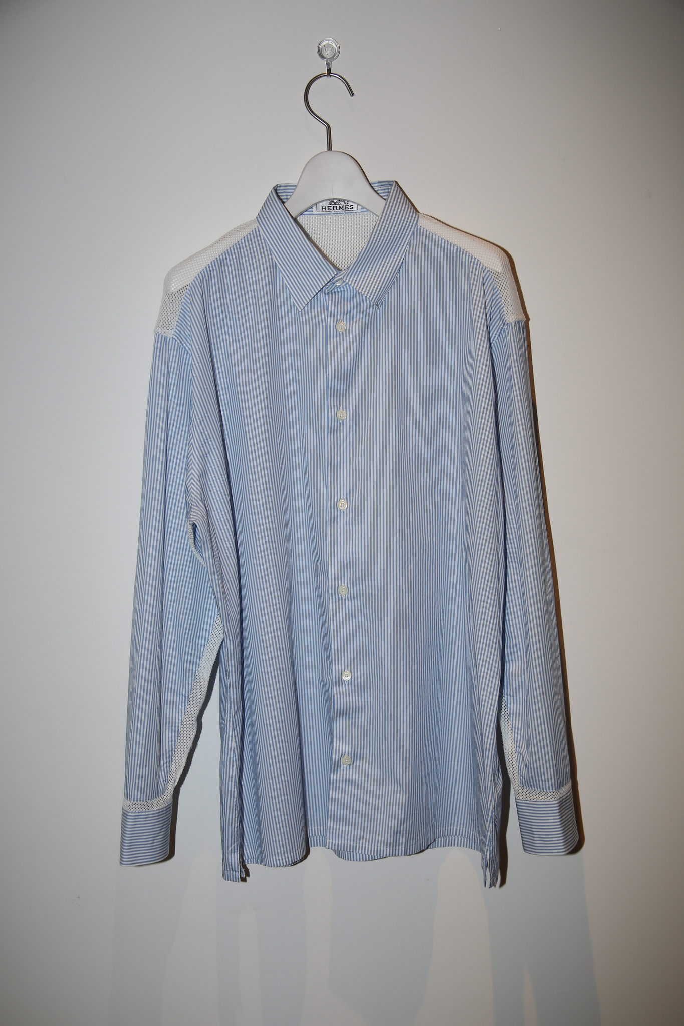 2000 HERMES / STRIPE COTTON SHIRT SWITCHING MESH