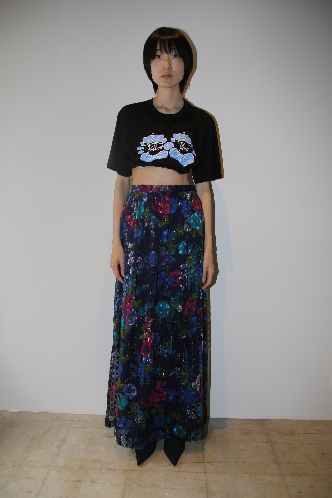 1990 OSCAR DE LA RENTA / SILK CHIFFON MAXI SKIRT WITH FLOWER PRINT