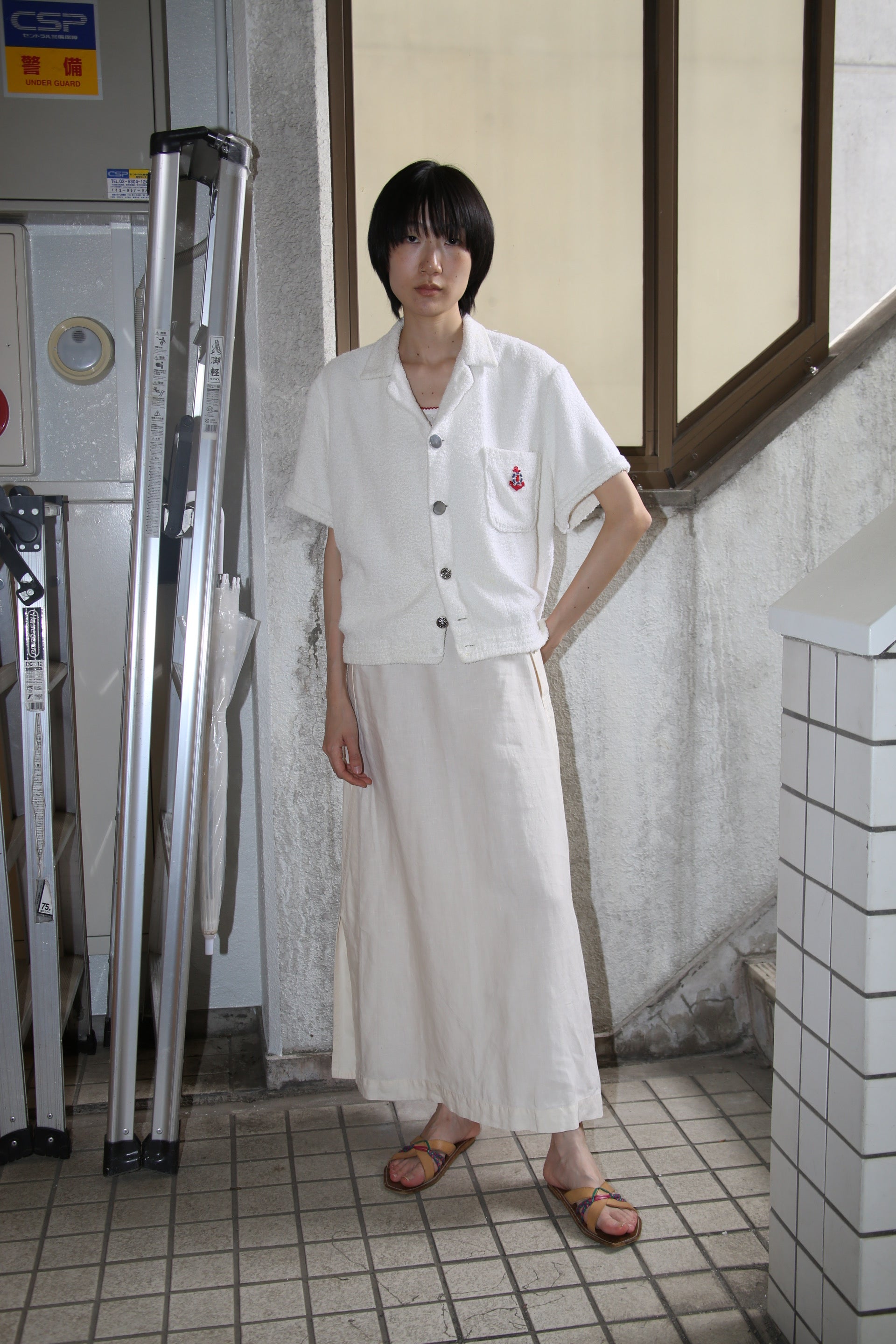 1960 VINTAGE / COTTON PILE  BEACH SHIRT IN WHITE