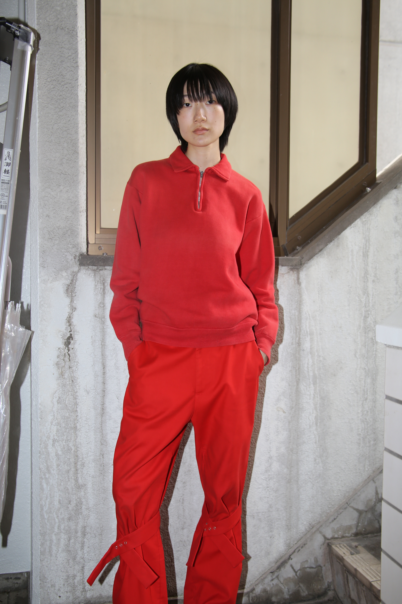 1960 VINTAGE / HALF ZIP SWEAT POLO IN FADED RED - SIZE S