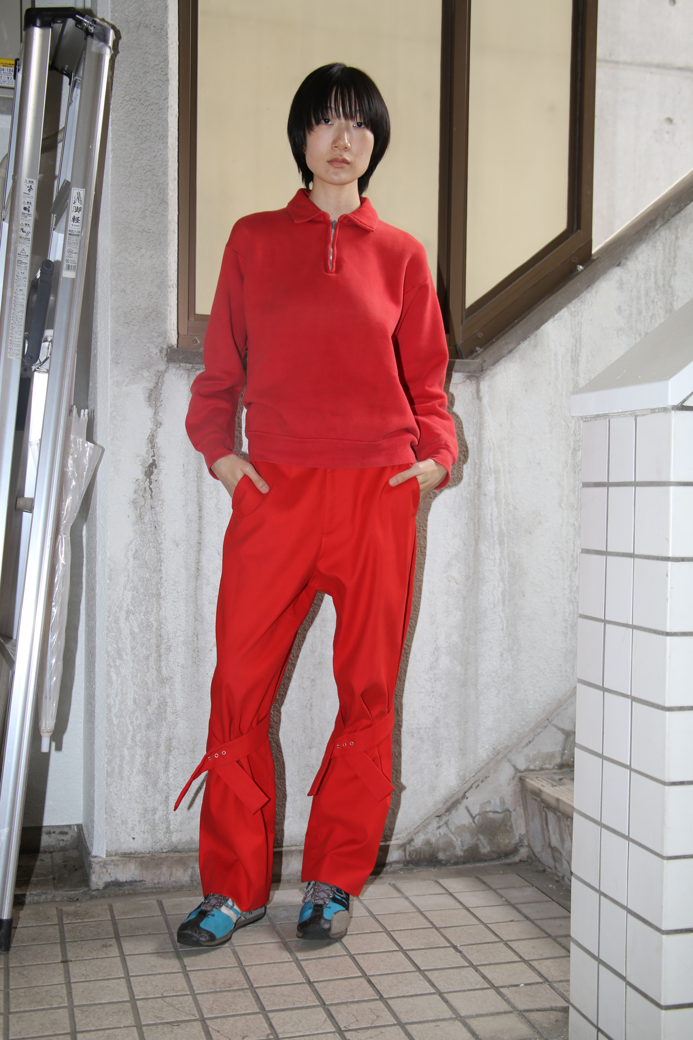 1960 VINTAGE / HALF ZIP SWEAT POLO IN FADED RED - SIZE S
