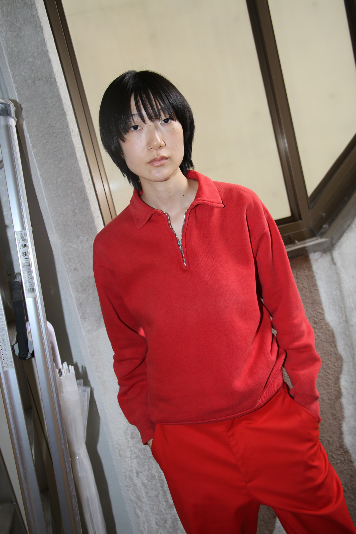 1960 VINTAGE / HALF ZIP SWEAT POLO IN FADED RED - SIZE S