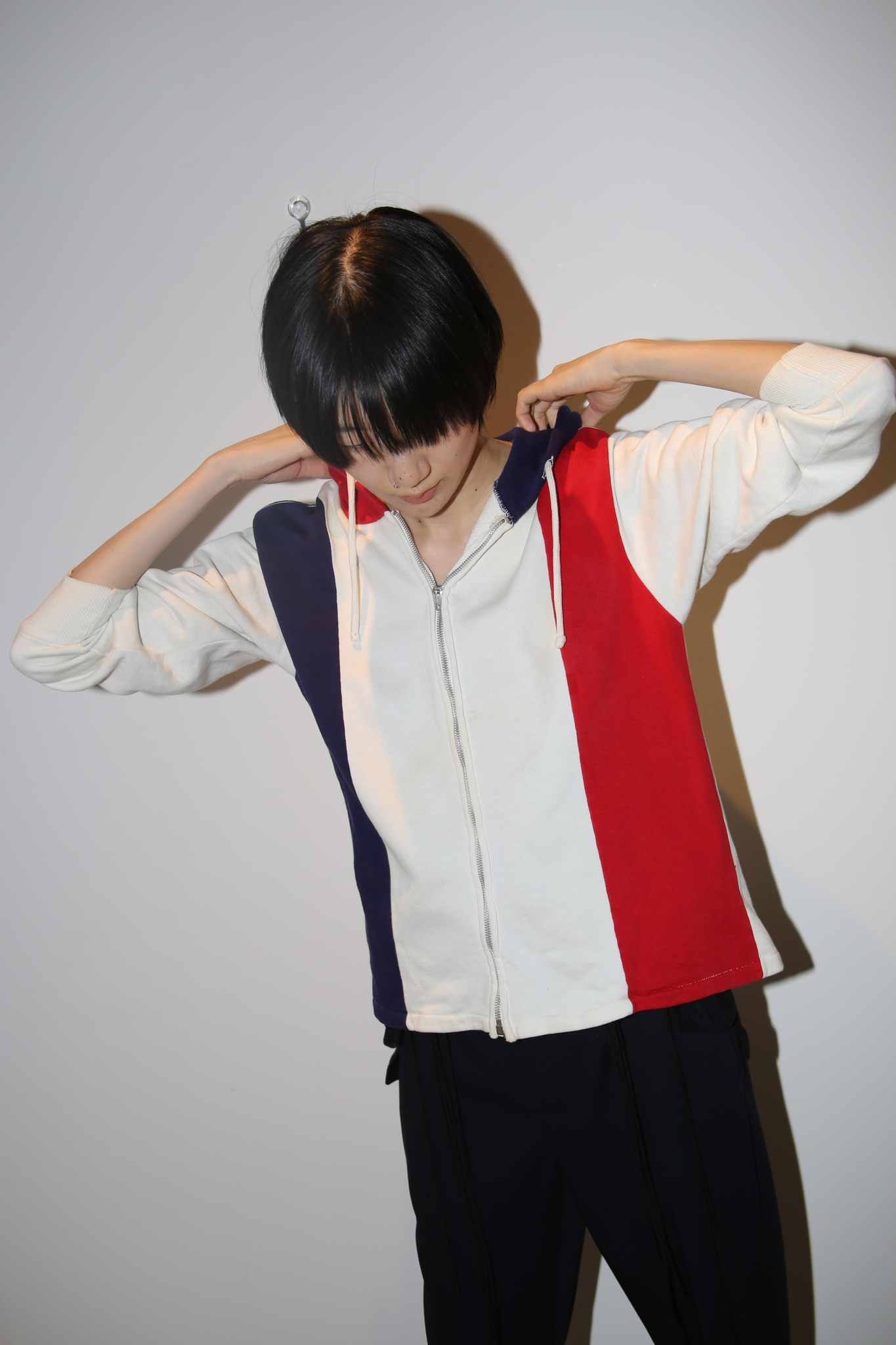 1960 VINTAGE / PATCH WORK TRICO STRIPE SWEAT HOODIE WITH ZIPPER