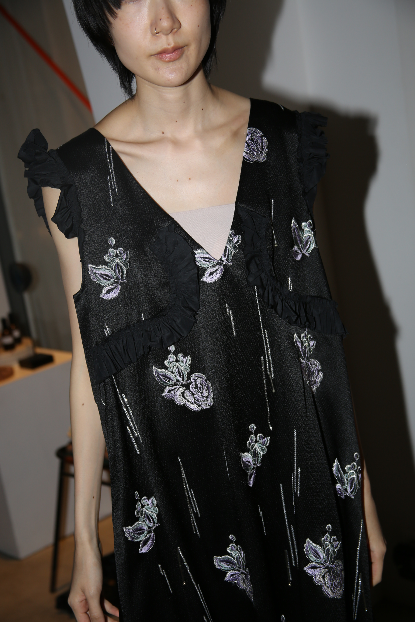 MERYLL ROGGE / LONG EMBROIDERED SATIN MAXI DRESS