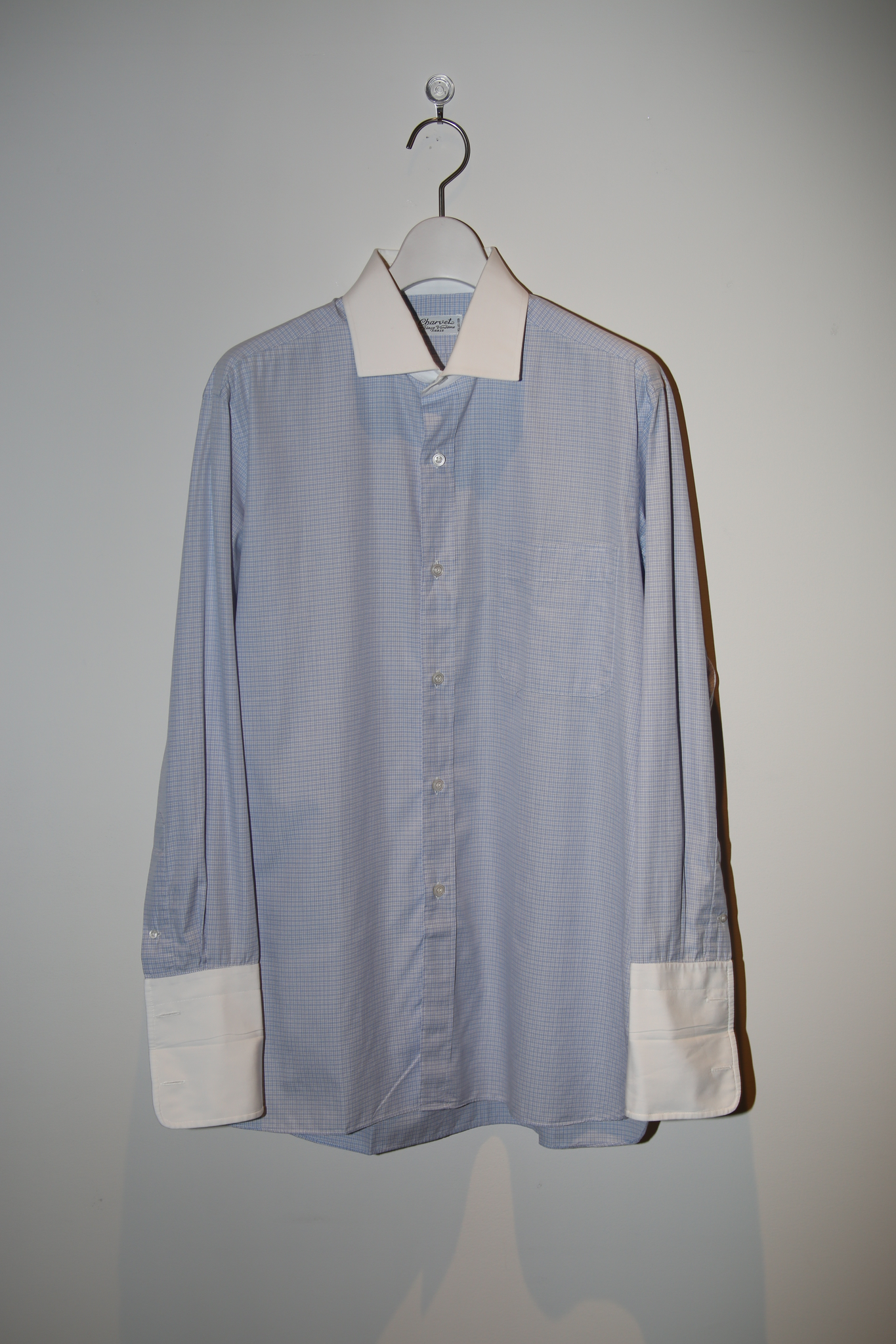 2002 CHARVET / COTTON CLERIC DRESS SHIRT WITH BLUE CLASIC CHECK