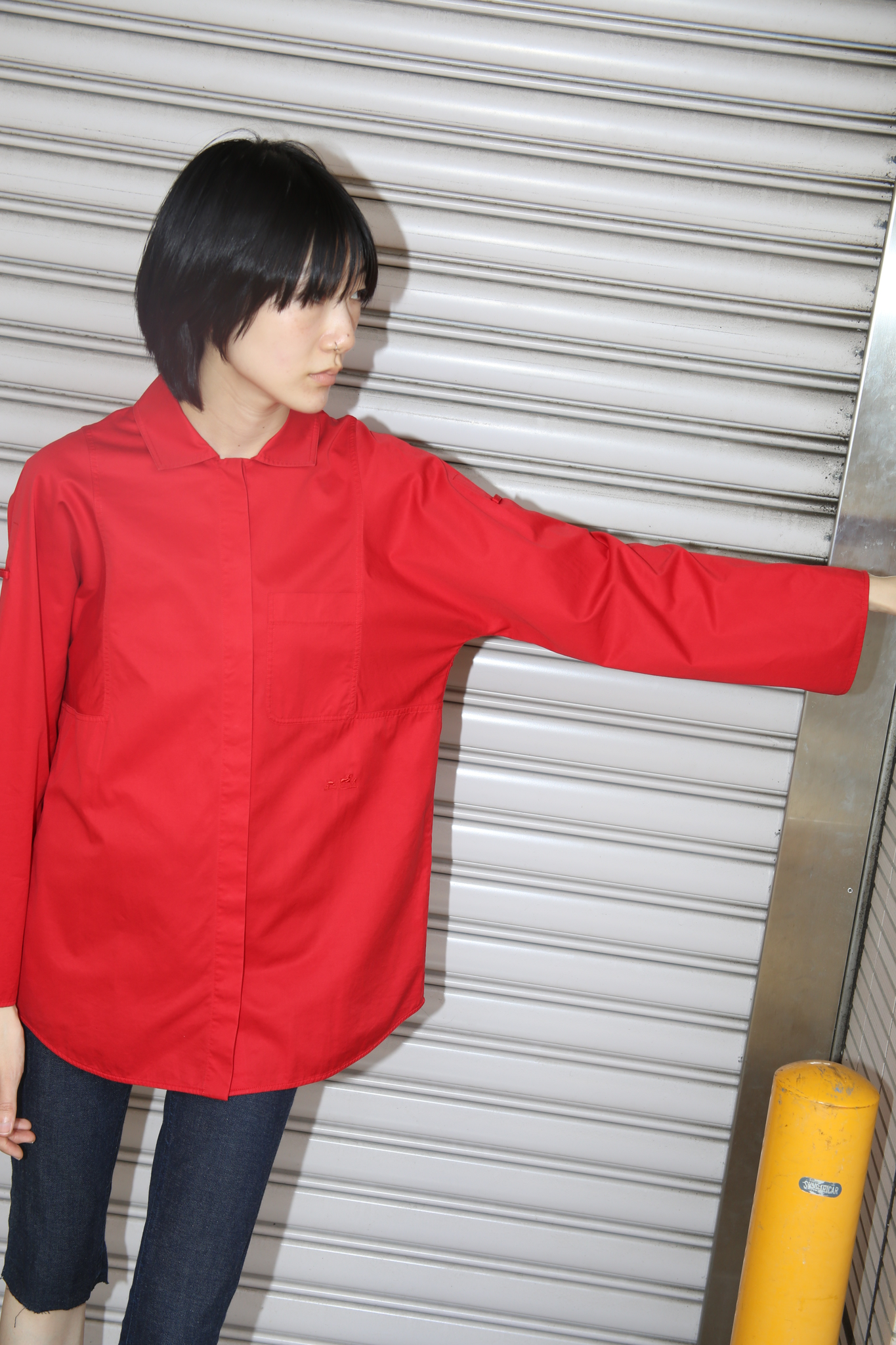 2000 HERMES / 2WAY SLEEVE COTTON SHIRT IN RED