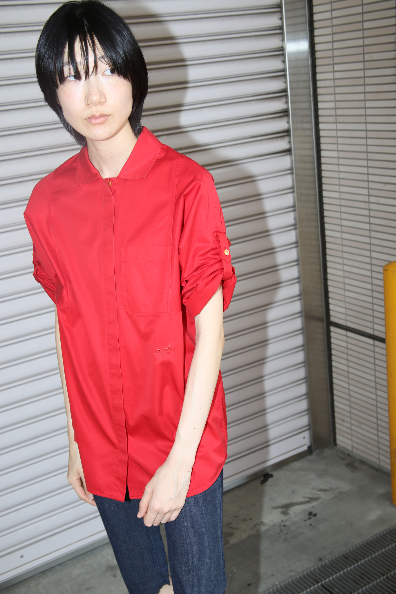 2000 HERMES / 2WAY SLEEVE COTTON SHIRT IN RED