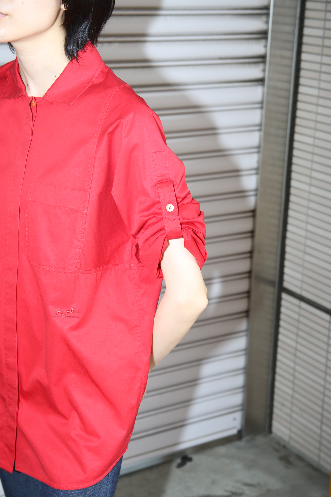 2000 HERMES / 2WAY SLEEVE COTTON SHIRT IN RED