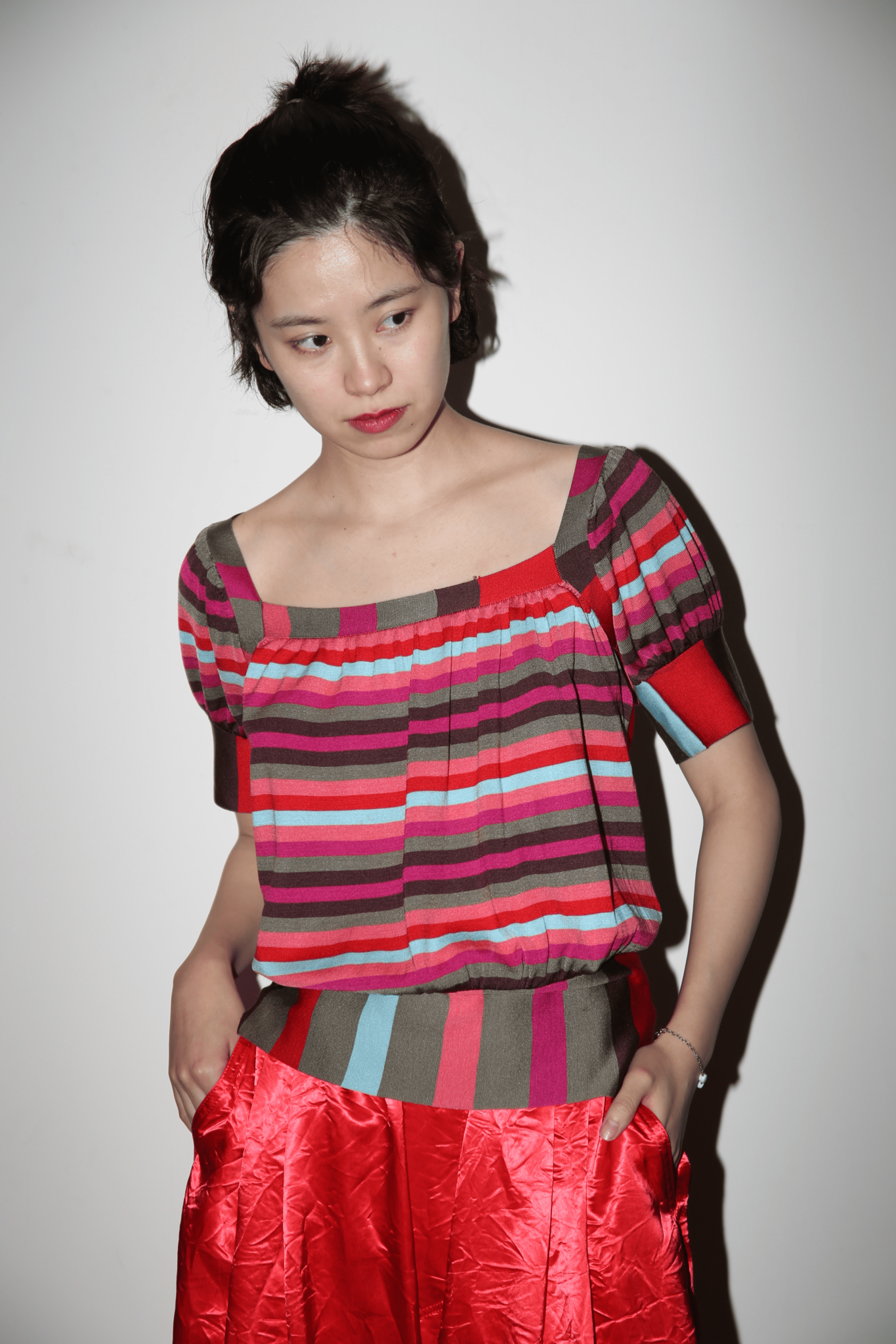 1990 CACHAREL / SQUARE NECK STRIPE SUMMER KNIT TOP IN SILK
