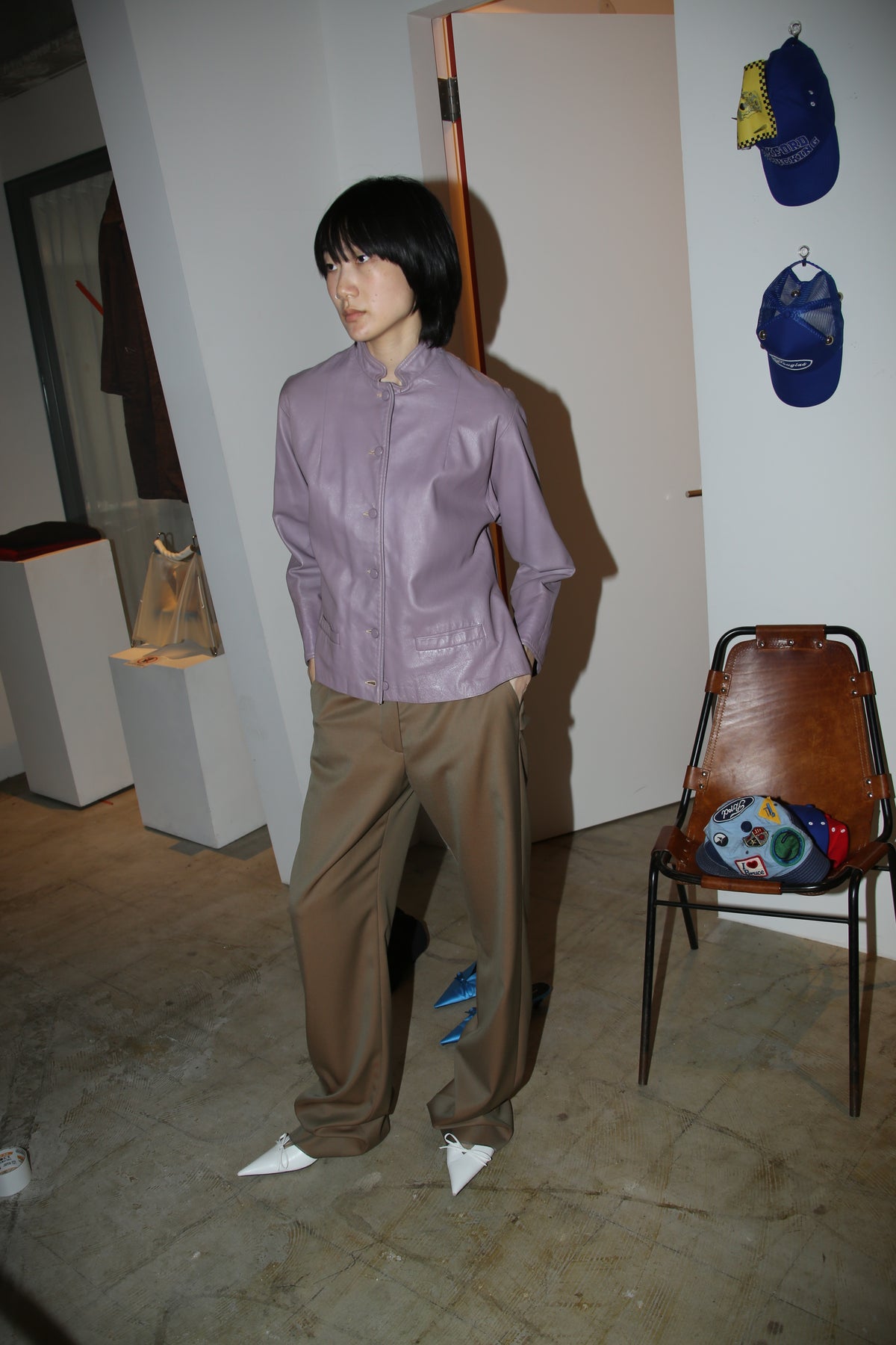 1960 VINTAGE / STAND NECK LEATHER JACKET IN LILAC