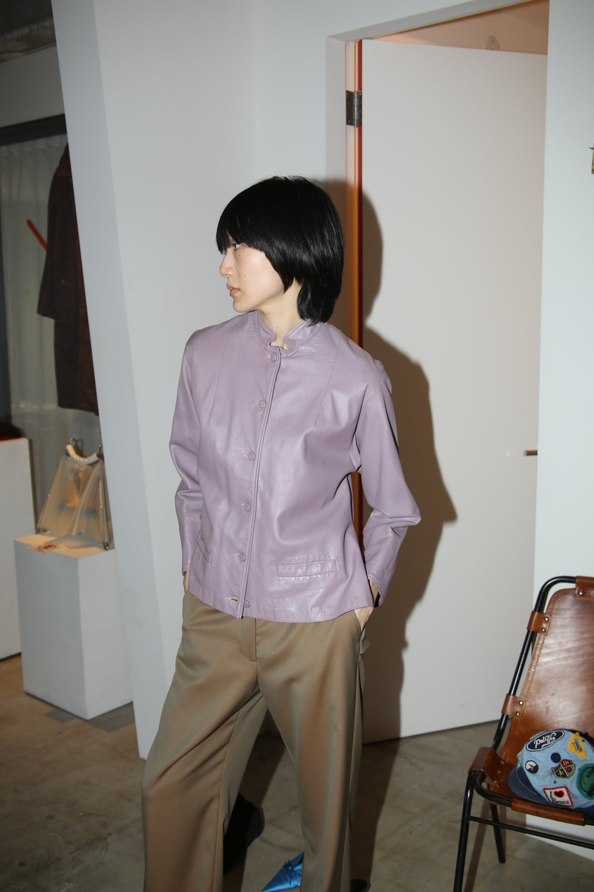 1960 VINTAGE / STAND NECK LEATHER JACKET IN LILAC