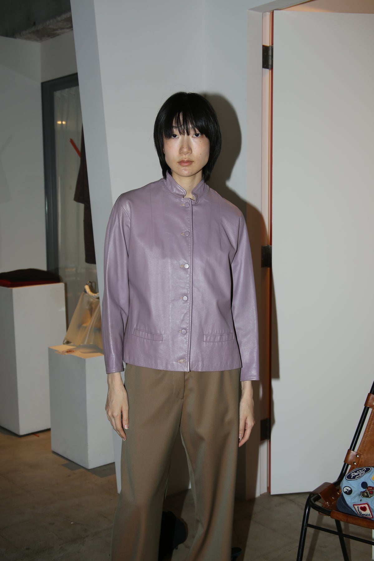 1960 VINTAGE / STAND NECK LEATHER JACKET IN LILAC
