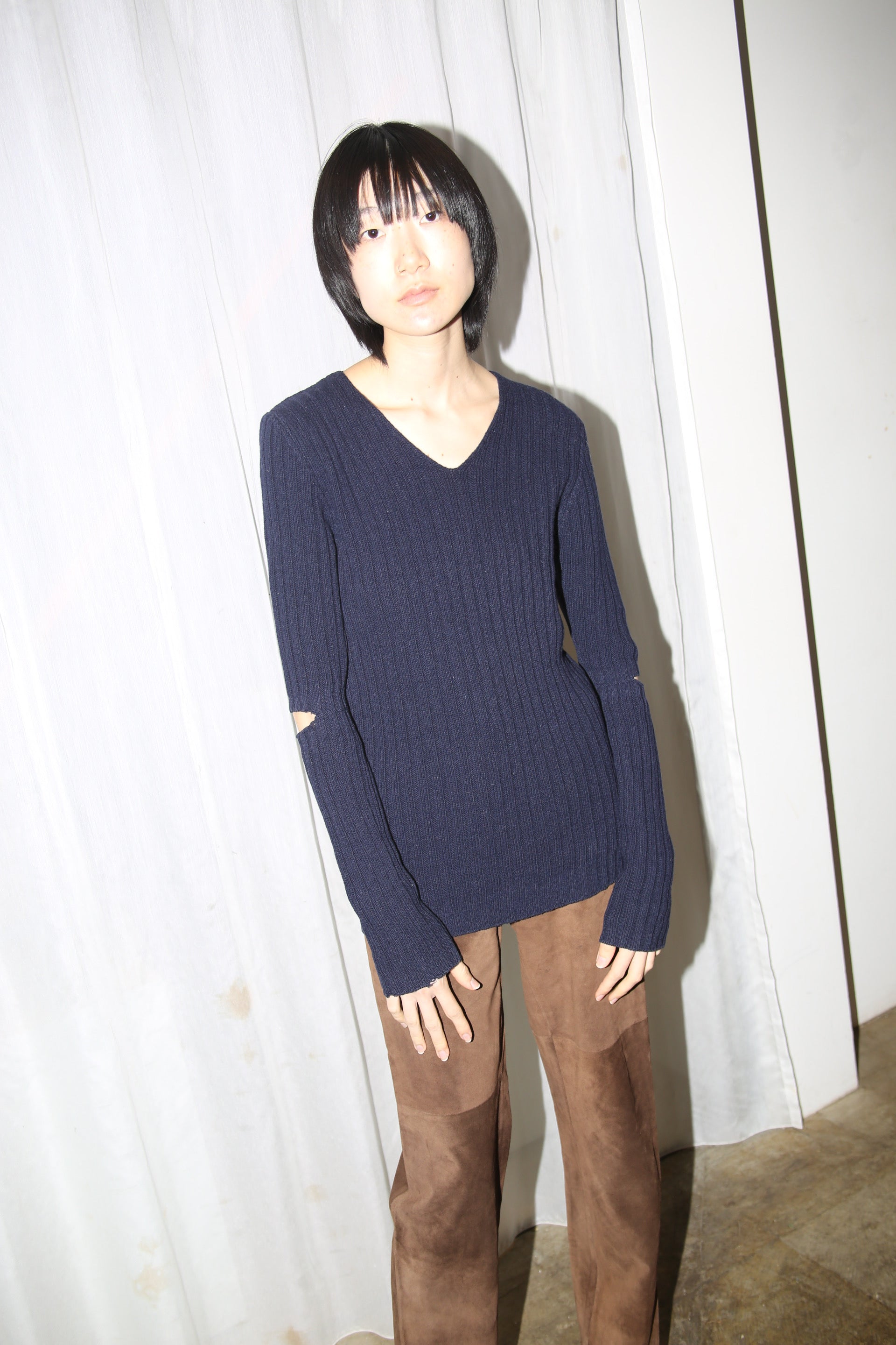 1997 HELMUT LANG / WOOL RIB KNIT SWEATER WITH SLASH ELBOW