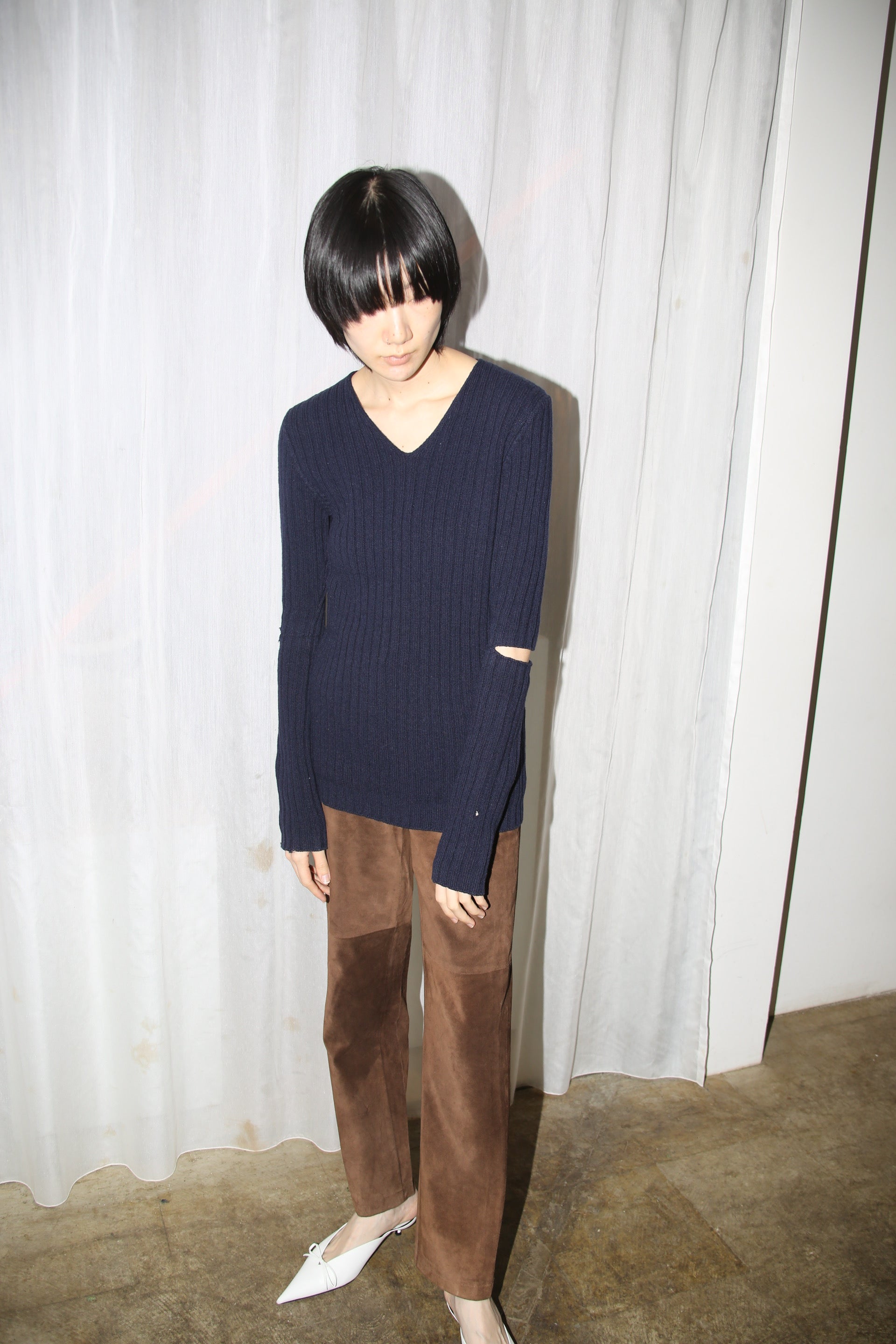 1997 HELMUT LANG / WOOL RIB KNIT SWEATER WITH SLASH ELBOW