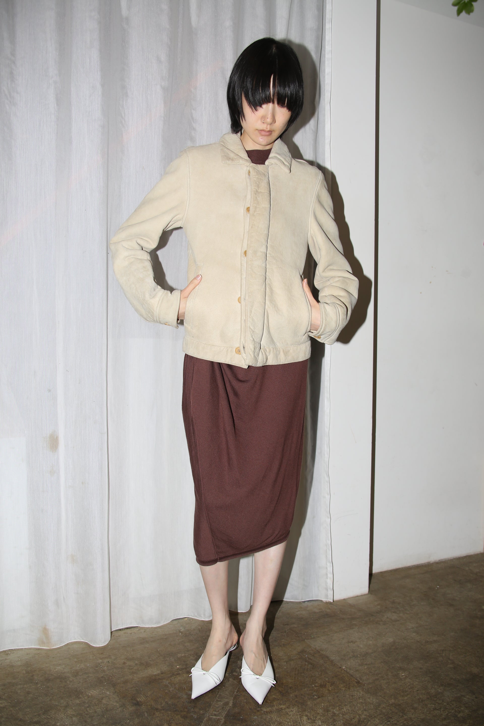 2000 HELMUT LANG / FLY FRONT SHEARLING JACKET IN ECRU