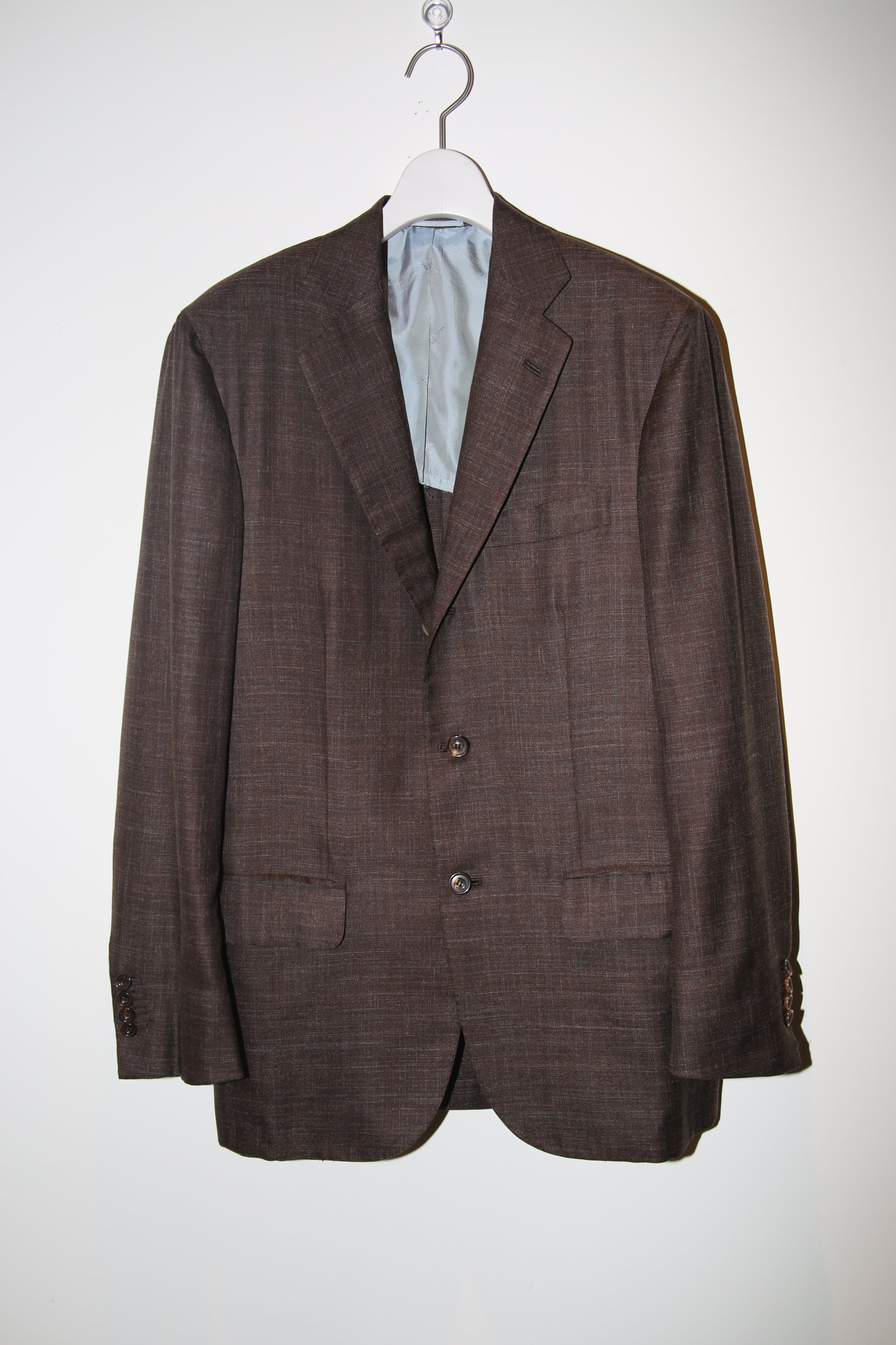 2000 KITON / CASHMERE SILK LINEN TAILORED SUIT IN DARK BROWN CHECK : SIZE 48