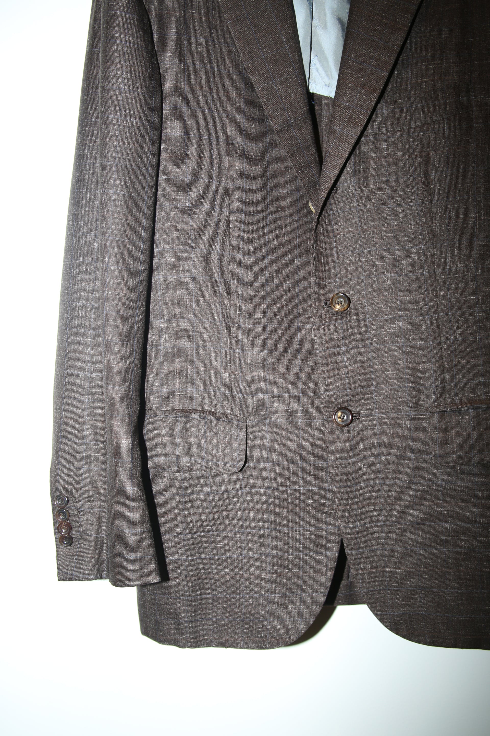 2000 KITON / CASHMERE SILK LINEN TAILORED SUIT IN DARK BROWN CHECK : SIZE 48
